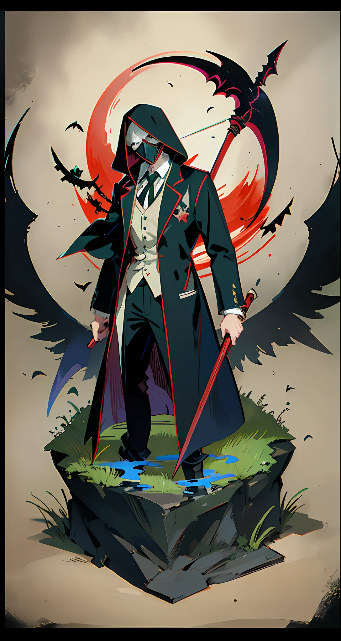 Izuku Midoriya as the grim reaper wearing plague doctor's clothes wielding a scythe on a cementary under the crimson moonlight
