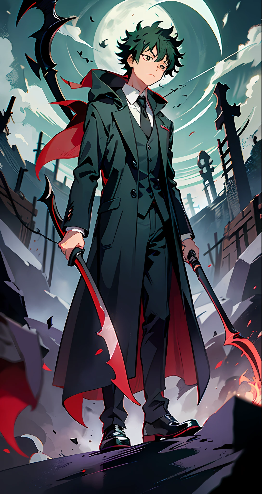 Izuku Midoriya as the grim reaper wearing plague doctor's clothes wielding a scythe on a cementary under the crimson moonlight