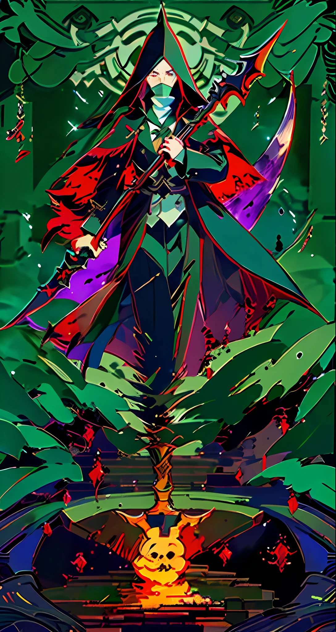 Izuku Midoriya as the grim reaper wearing plague doctor's clothes wielding a scythe on a cementary under the crimson moonlight