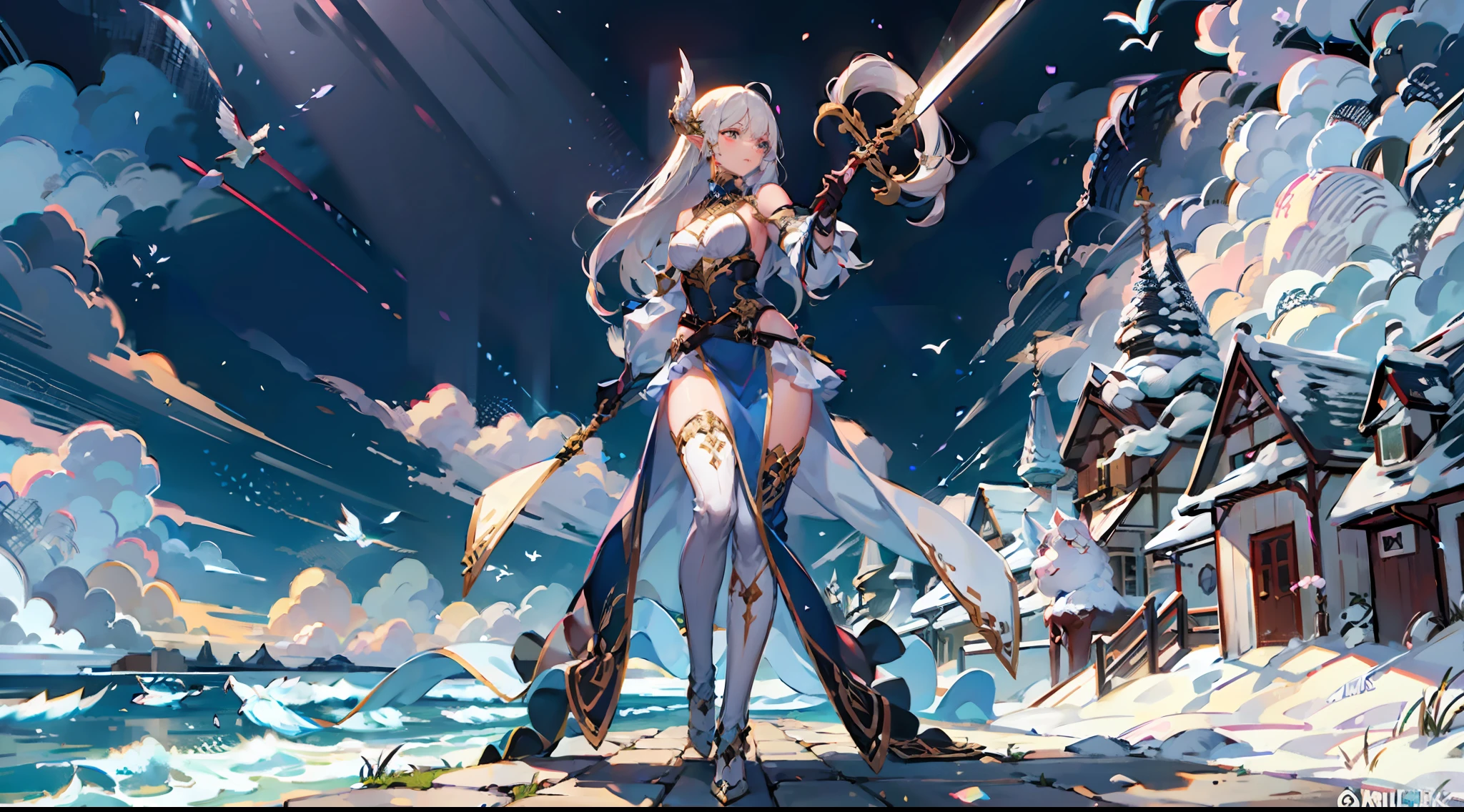 ((4k, masterpiece, best quality)), maxiskit, dressed conservative 1 girl, solo, full body, wide shooting, standing, holding a sword, white hair, long hair, elf ears, Valkyrie, armor, angel, white bra, side bangs, from the front, oversized body, night, mountain, look at the audience, an antique girl behind is a white dragon