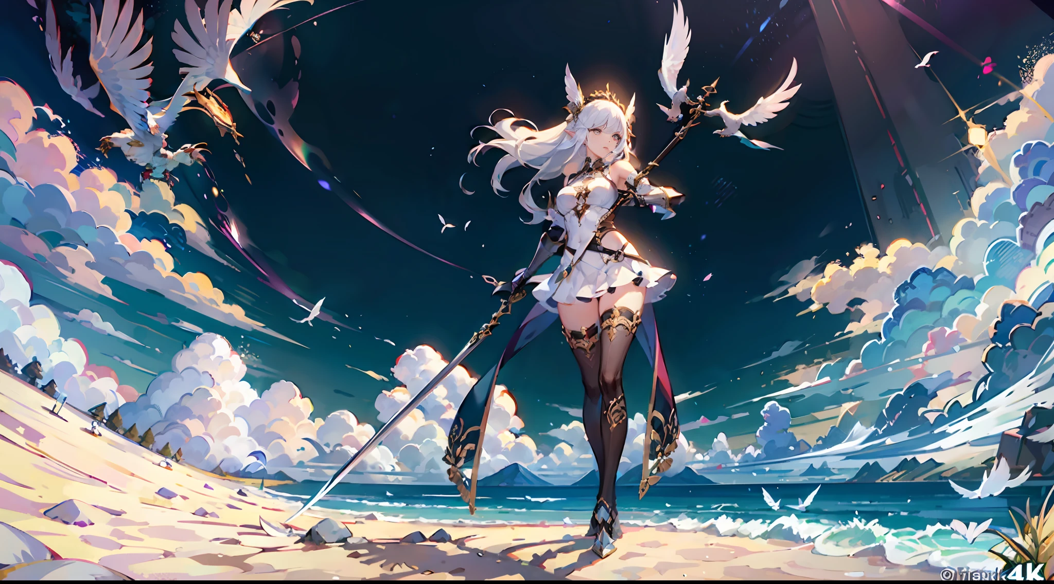((4k, masterpiece, best quality)), maxiskit, dressed conservative 1 girl, solo, full body, wide shooting, standing, holding a sword, white hair, long hair, elf ears, Valkyrie, armor, angel, white bra, side bangs, from the front, oversized body, night, mountain, look at the audience, an antique girl behind is a white dragon
