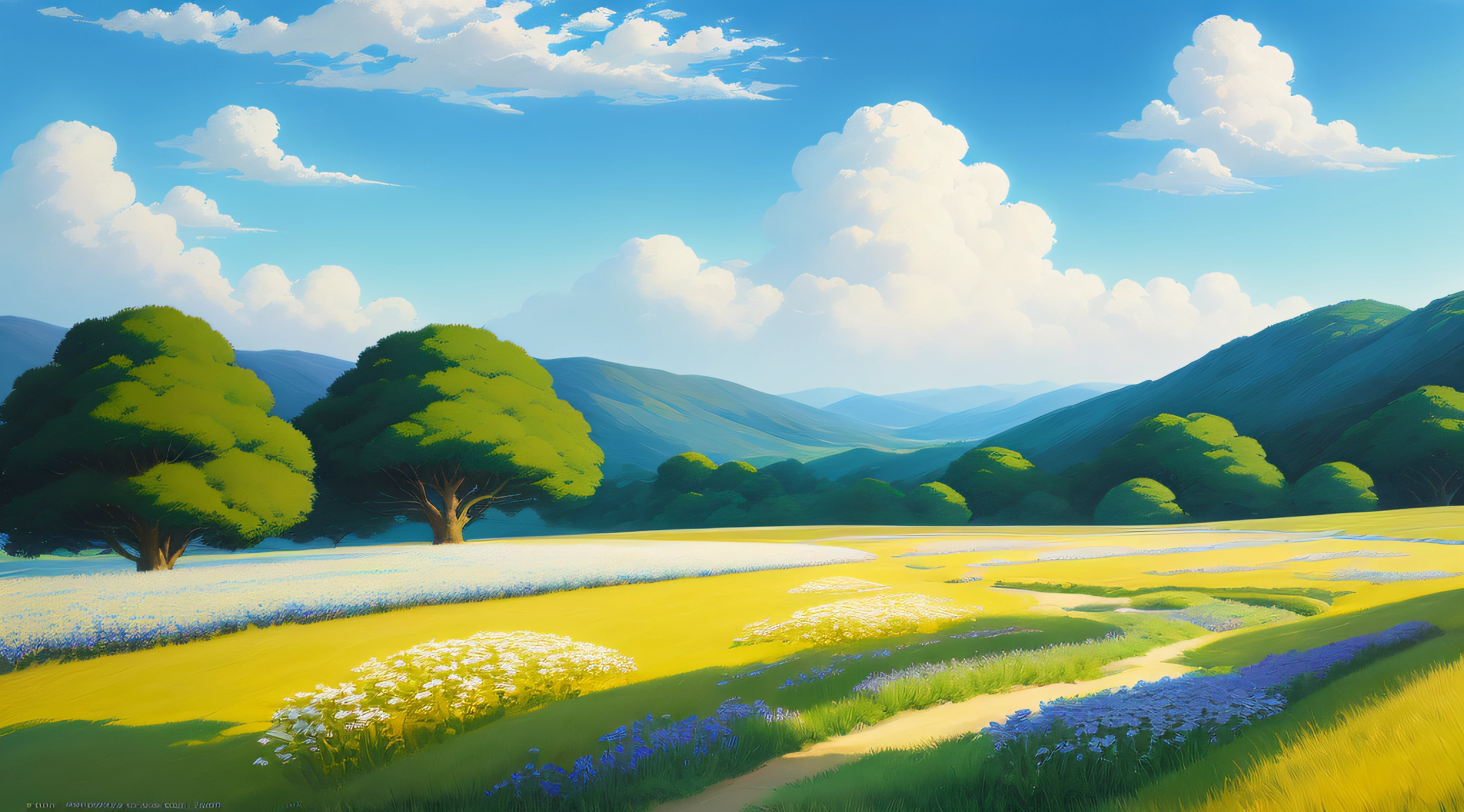 Realistic, authentic, beautiful and amazing landscape oil painting Studio Ghibli Hayao Miyazaki&#39;s petal grassland with blue sky and white clouds --v6