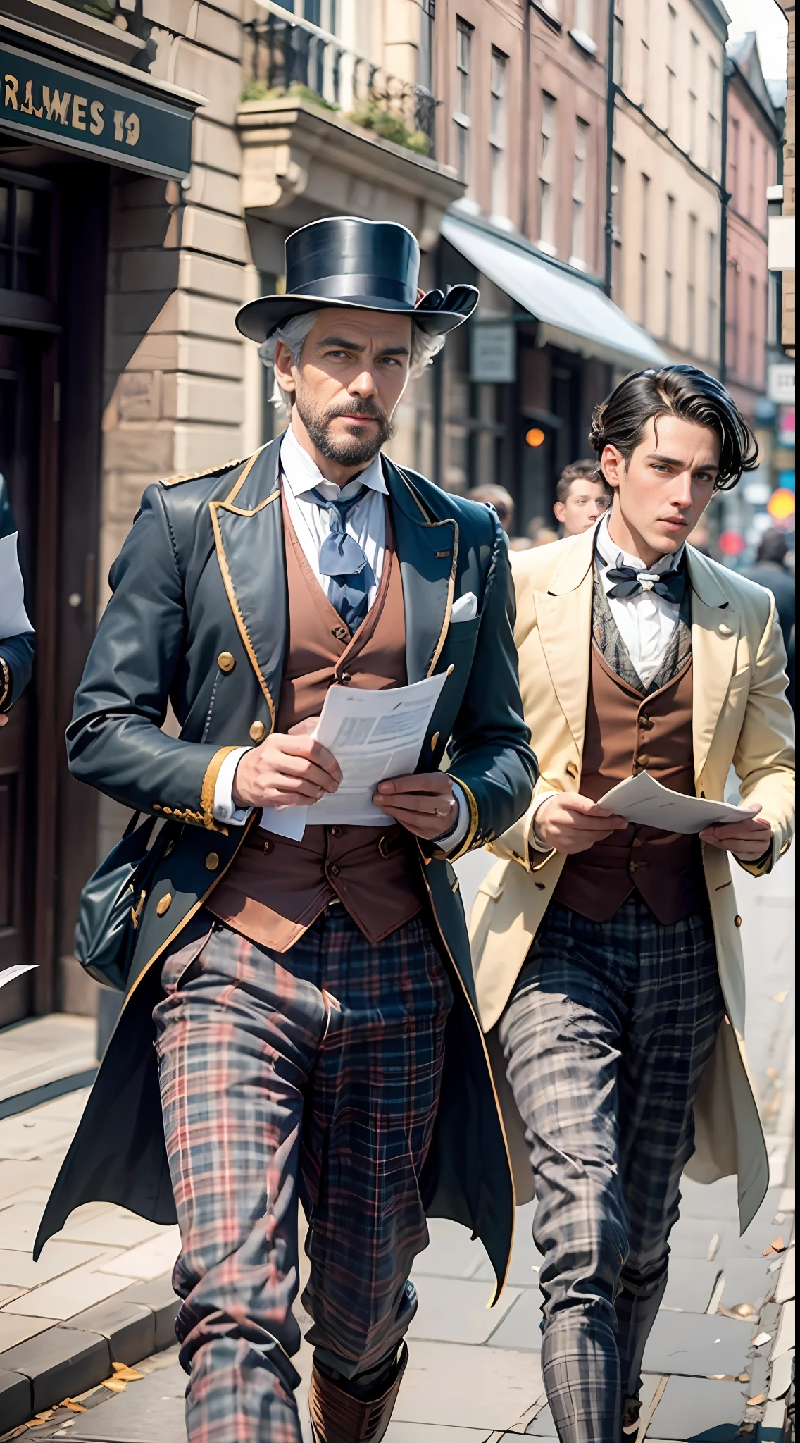 three men from 1800s, holding papers, walking out of a bank in Scotland 1800s