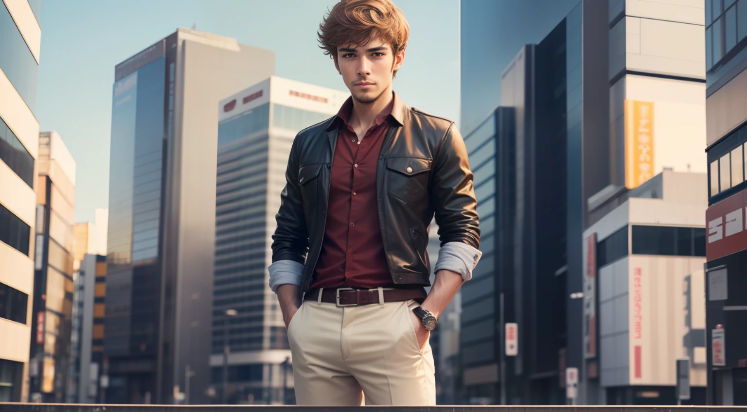Top Quality, Masterpiece, High Resolution, Buildings in Tokyo, New Employee of IT Company, Lively Male, Neat Facial Features, Full Body, Gentle Expression, Intricate Details, Cinematic Feel, 8K, Very Detailed