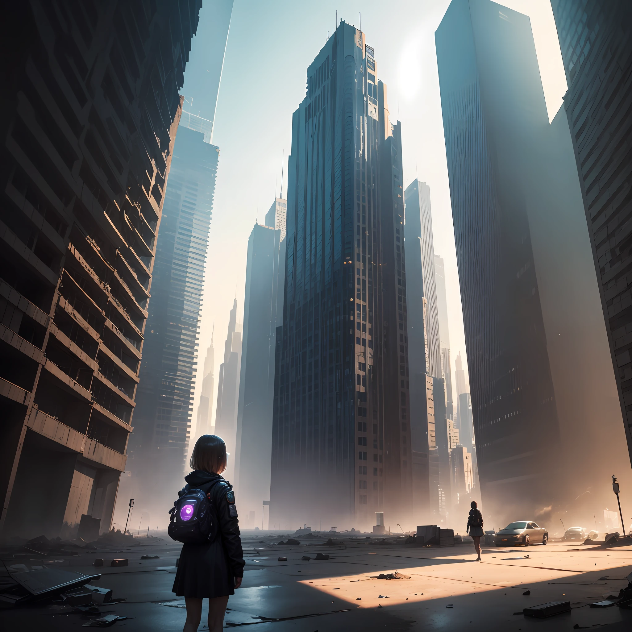Dystopia, shadow of a little girl, light of hope, girl lost in the world of cyberpunk, futuristic buildings, devastated world, wide-angle lens, --auto