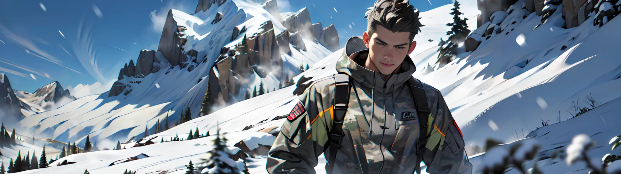 "(Ultra High Quality), (Ultra High Definition), (Superb Masterpiece), (Wearing Gray Camouflage Jumpsuits), (Black-haired Young Man: 1.3), ((View) Snowy Mountain Peak, Snowstorm), (Bust Shot: 1.3)"