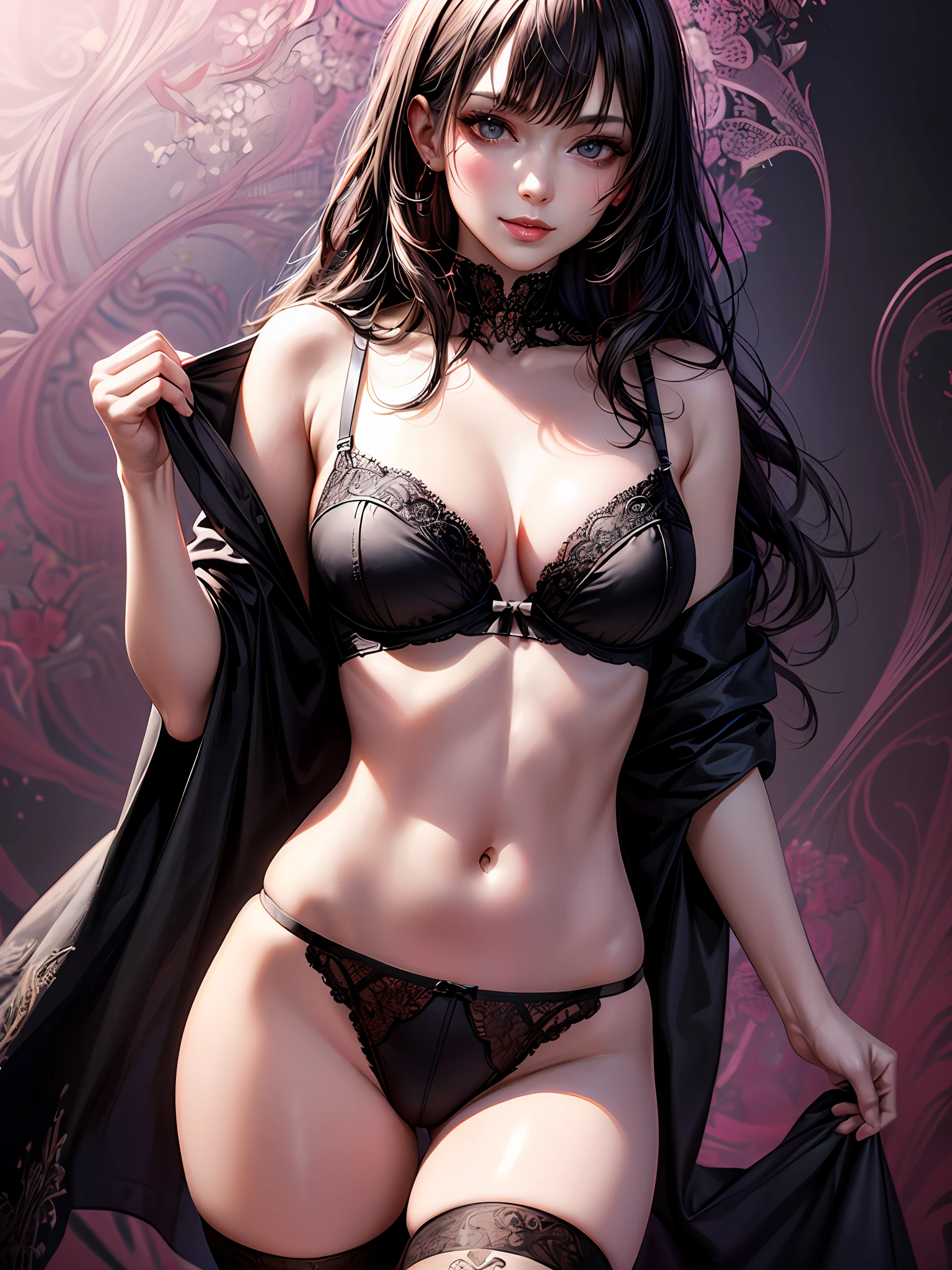 (masterpiece, best quality), 8K, high detail, wallpaper, photorealistic, best lighting, ( thighhighs), beautiful face, detailed face, skinny, slim, fit, woman, ((solo)),(seductive smirk:1.4, glossy lips, lingerie, ?????????, (complex multicolored background pattern), (fractalart:1.2), depth of field