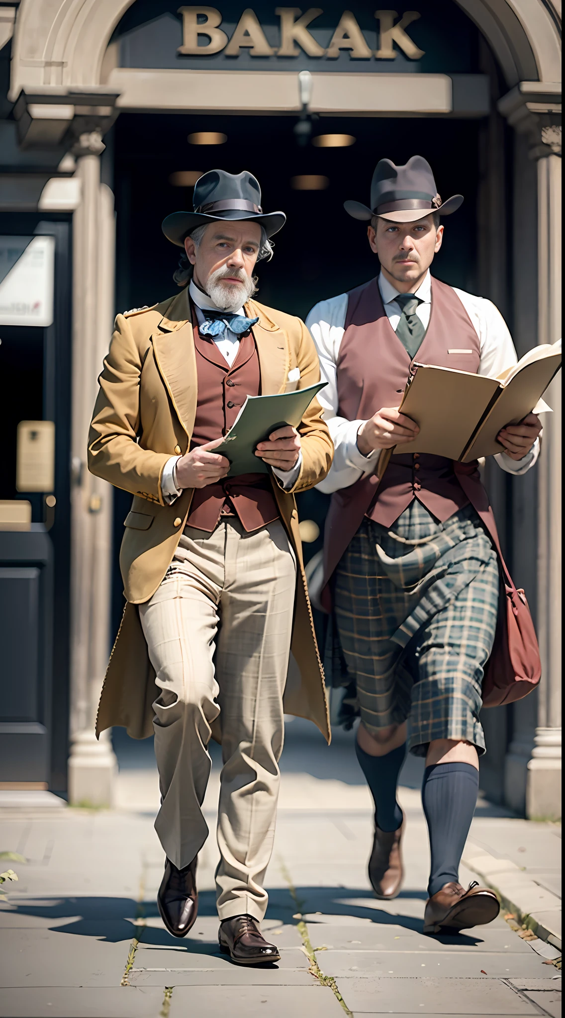 three men from 1800s, holding papers, walking out of a bank in Scotland 1800s