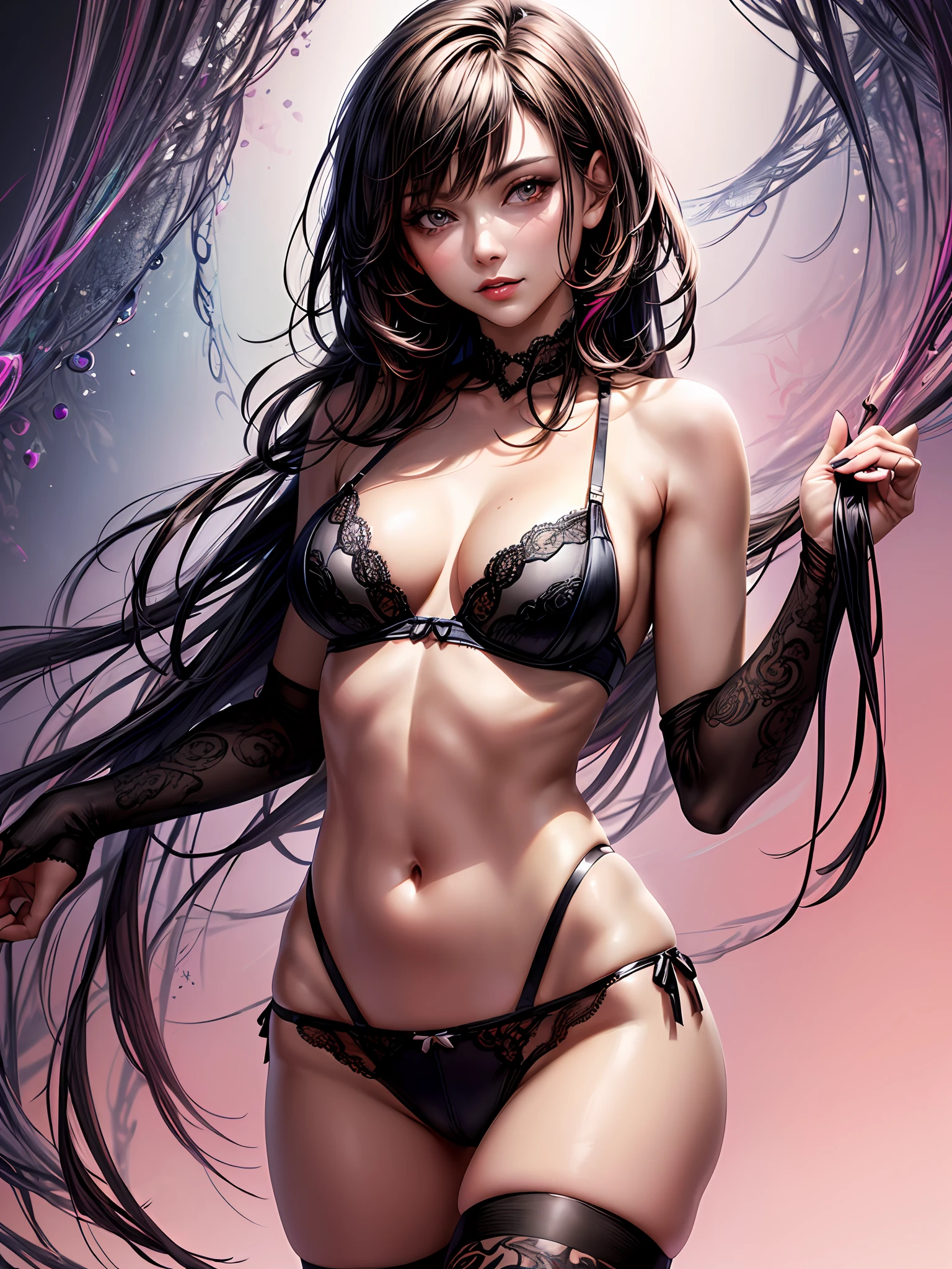 (masterpiece, best quality), 8K, high detail, wallpaper, photorealistic, best lighting, ( thighhighs), beautiful face, detailed face, skinny, slim, fit, woman, ((solo)),(seductive smirk:1.4, glossy lips, lingerie, underwear, (complex multicolored background pattern), (fractalart:1.2), depth of field