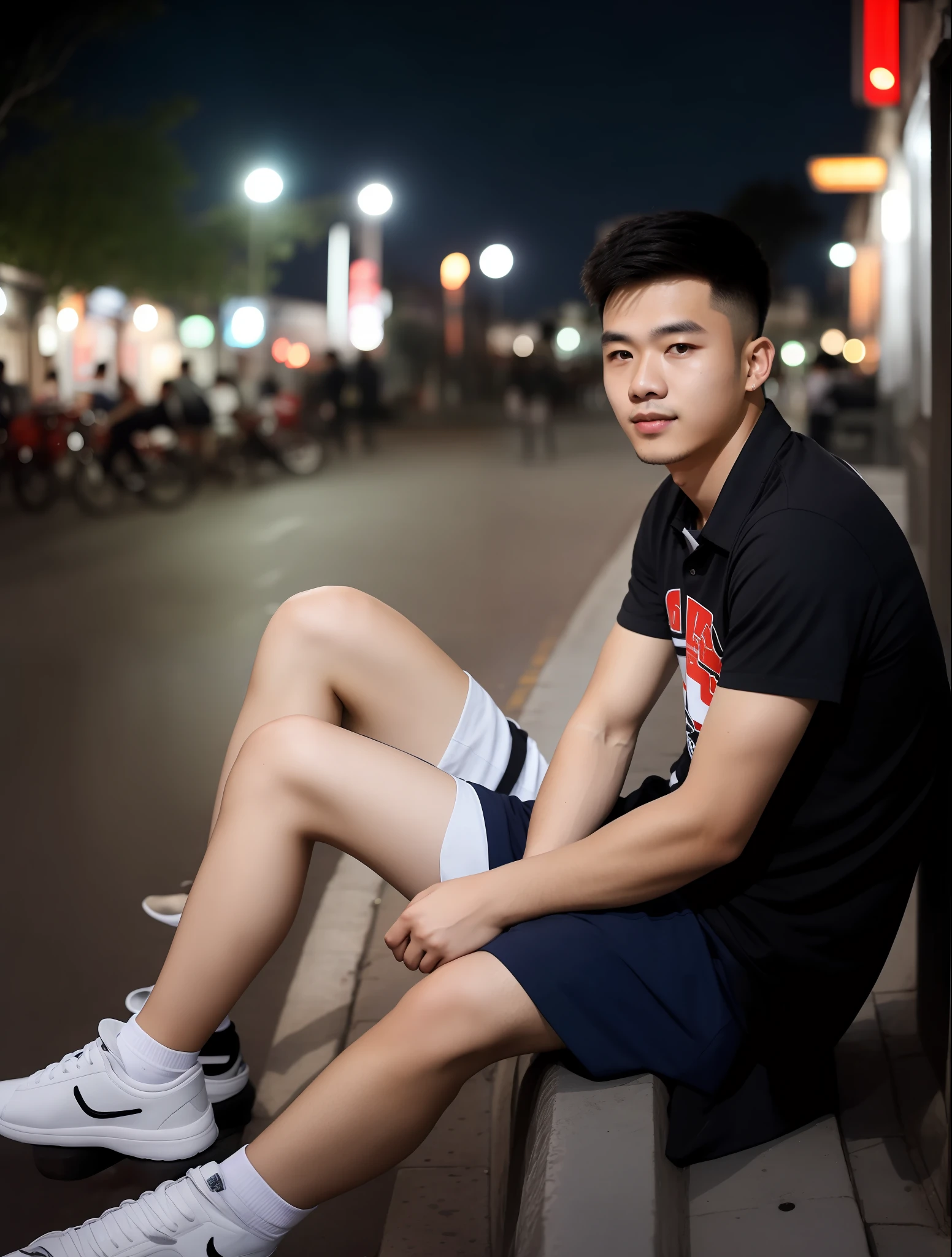 RAW photo, a young man sitting by a street at night, (high detailed skin:1.2), 8k uhd, dslr, soft lighting, high quality