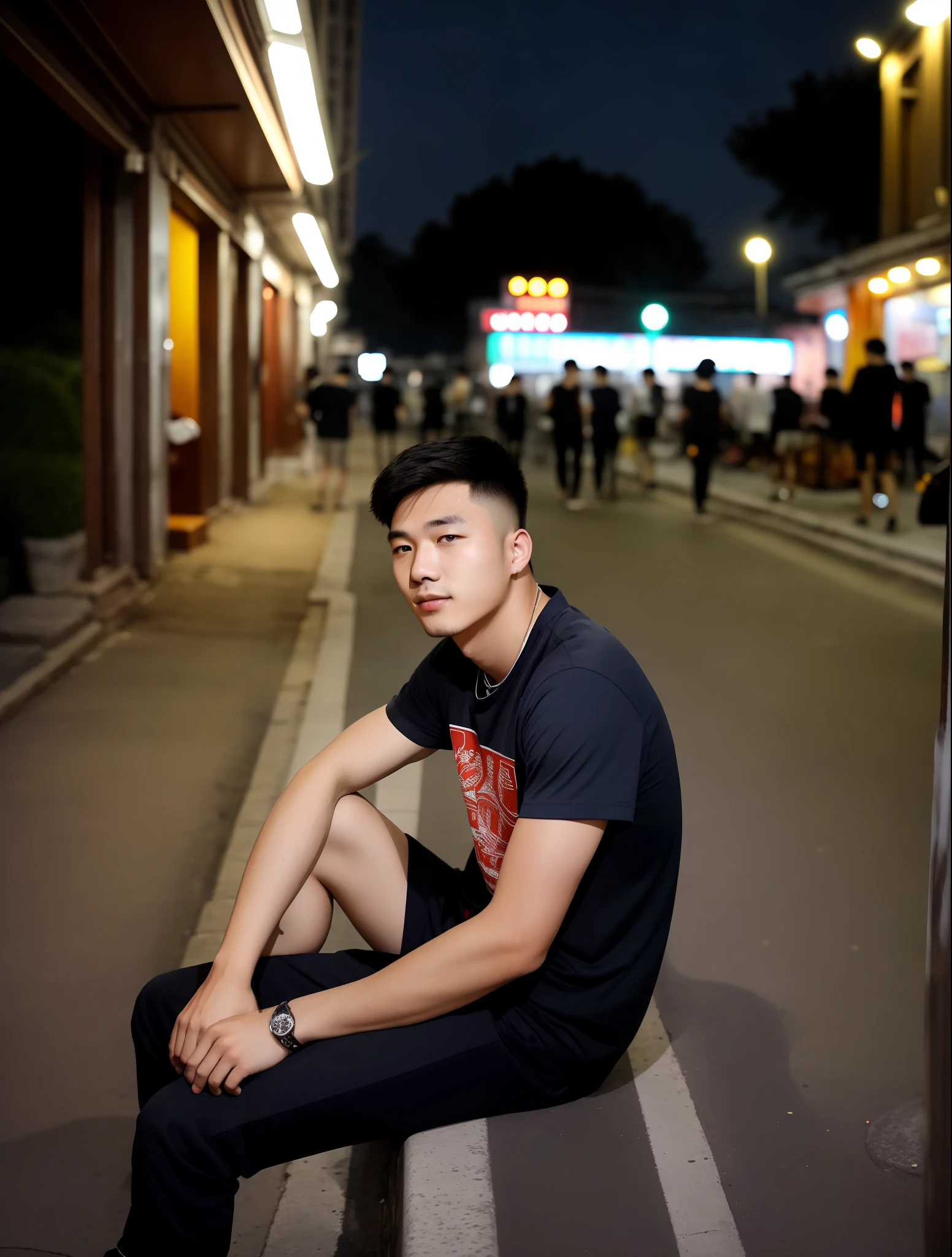 RAW photo, a young man sitting by a street at night, (high detailed skin:1.2), 8k uhd, dslr, soft lighting, high quality