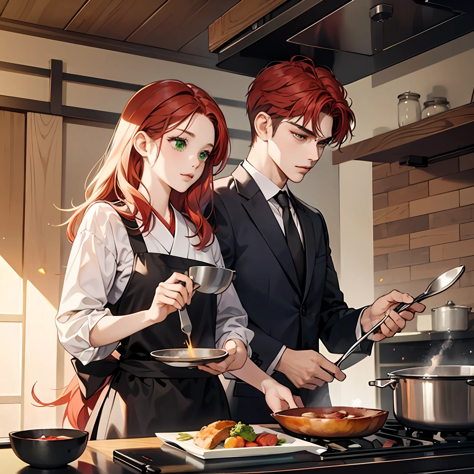 1 woman with long red hair and green eyes; 1 man with red hair and short hair, wearing a suit; Cooking together in the kitchen; Japanese animation style. --auto