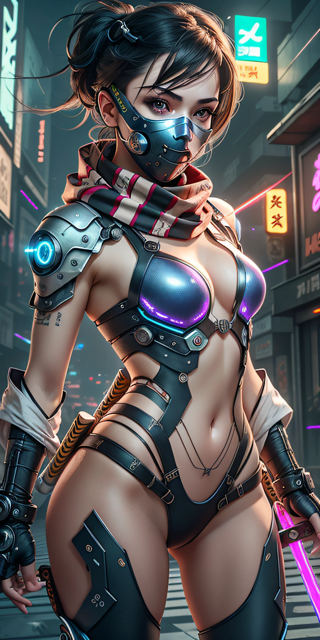 A woman, her body a fusion of organic and mechanical, a cyberpunk Ripperdoc with cybernetic limbs and augmented eyes that glow with neon lights, standing in the heart of a sprawling cyberpunk city, the streets bustling with hovercars and holographic advertisements, towering skyscrapers casting long shadows, the woman exuding an air of confident authority as she surveys her domain, Painting, using acrylics on canvas to create vibrant colors and bold contrasts