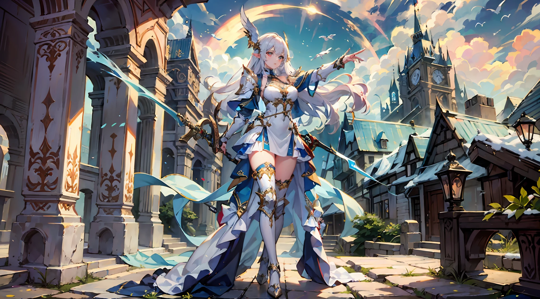((4K, masterpiece, best quality)), maxiskit, dressed conservative 1 girl, solo, full body, wide shot, standing, holding sword, white hair, long hair, elf ears, Valkyrie, armor, angel, white bra, side bangs, from the front, oversized body, night, mountain, look at the audience, an antique girl behind is a white dragon {(super high face detail, super high hand detail)}