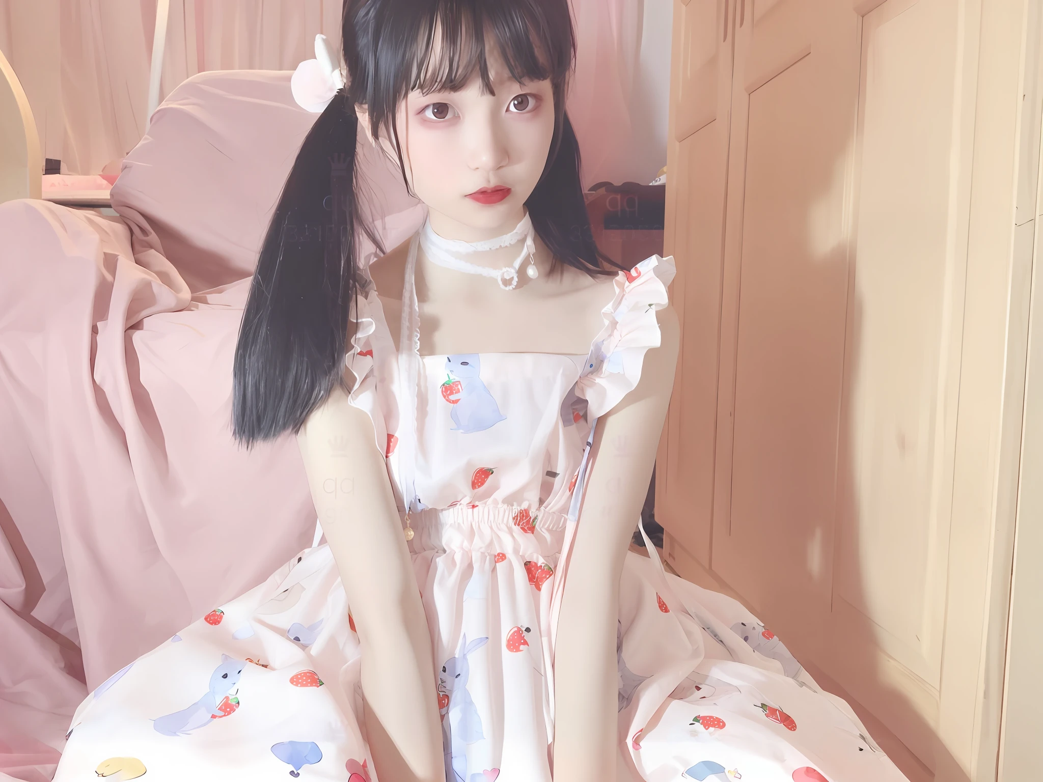 there is a young girl sitting on a bed wearing a dress, loli in dress, cute anime waifu in a nice dress, white hime cut hairstyle, ulzzang, lovely and cute, 2263539546], lolita style, cute kawaii girl, ruan cute vtuber, loli, tumblr, fairycore, kawaii aesthetic
