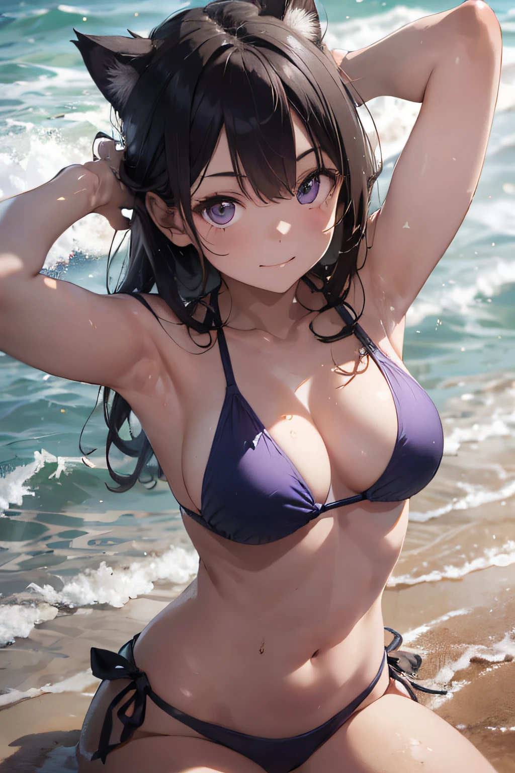 High resolution,
One beautiful cat-eared young woman,
(soft saturation: 1.3), (fair skin: 1.2),
(ultra-detailed background, detailed background), bokeh,
Portrait of smiling girl breaking. When viewed from the front, the composition is symmetrical.
Look straight at you with serious eyes and break
purple swimsuit, purple bikini, middle breast,
outdoor, sea surface, sky, sunshine, summer beach, sand,
strong light, front light,
(Teenager: 1.3), (Cowboy Shot: 1.2), Break
angle from the front,
Look at the viewer,
Dynamic Pose,
Sitting on the beach
Wakame, wakame, wakame, wakame, wakame, wakame, wakame,