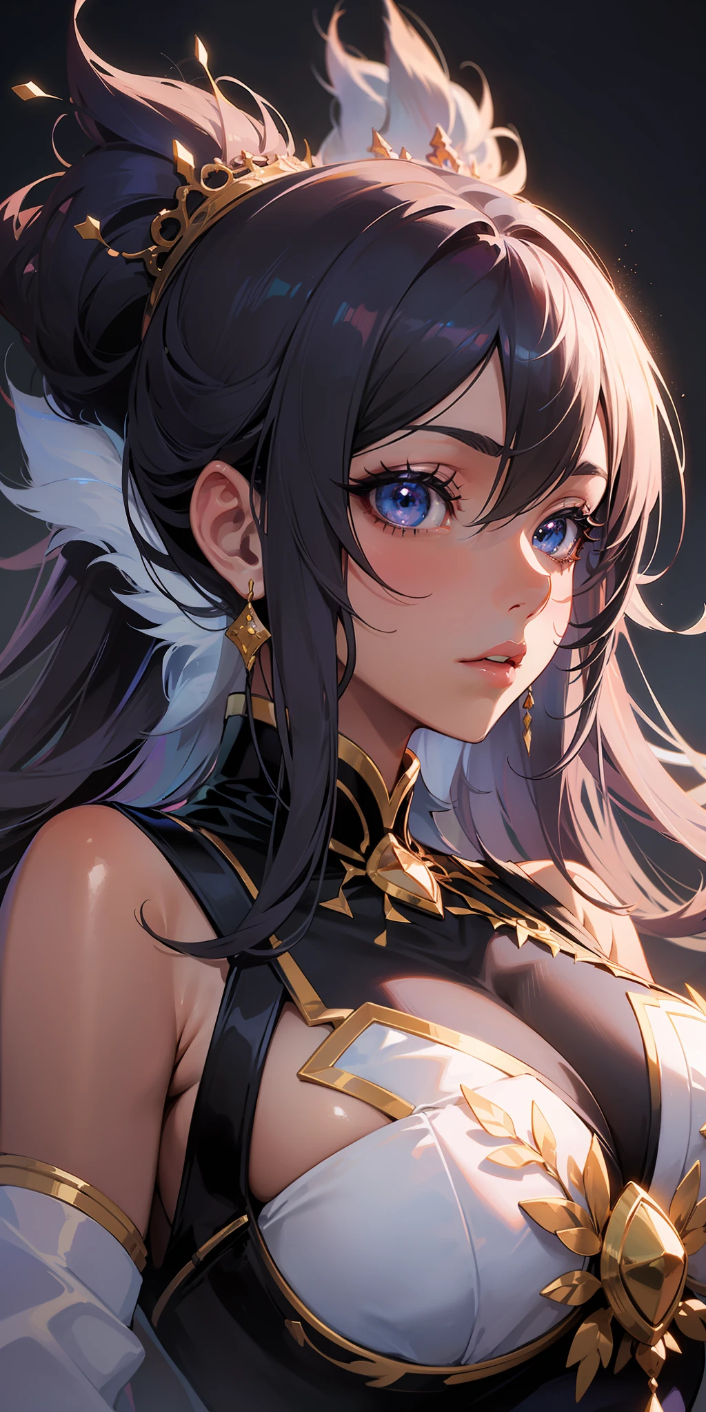 ((masterpiece)), ((best quality)), ((anime profile style)), ((HD 4k)), ((anime character)), girl, dark skin tone, eyes, eyebrow, eyelashes , ear, nose, mouth, lips, giant hair, neck, shoulders, medium breasts, sexy outfit, arms, bad perfect, viewer's view