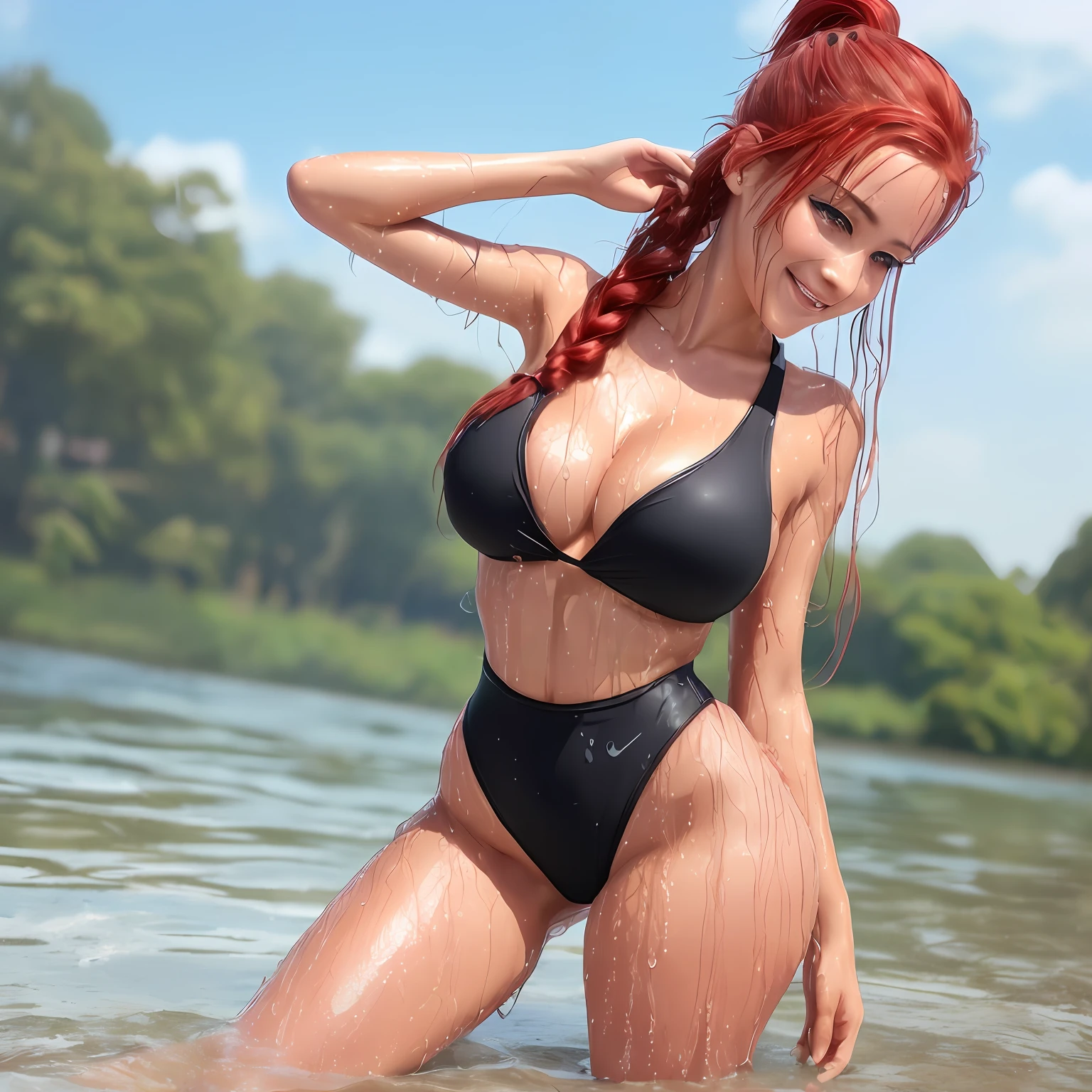 ((Big breasts, 18 year old girl)), (((15)) Soft Sunlight, (Perfect Body: 1.1), (Young), (Big Red Hair with Braid: 1.1), Full Body Shot, (Full Pink and Black Swimsuit), (Japan Wallpaper), (Very Delicate and Beautiful), (Masterpiece), (Best Quality: 1.0), (Ultra High Definition: 1.0), Beautiful Lighting, Perfect Lighting, Realistic Shadows, [High Resolution], Detailed Skin,  Ultra Detailed, (thighs big legs), sloppy (sturdy legs), slim body), thighs, (gorgeous red red hair), , thin collarbone, soft navel, soft midriff, soft back, front angle, sweaty, beautiful big breasts, blush, photorealistic, realistic face, realistic blue eyes, big eyes szuis, smiling, red ponytail, full body swimsuit, large rounded breasts (colorful))) (neckline))), (eyeliner), (mascara), ((very sweaty)) ((dripping wet body)) ((thighs wet)), ((scattered thighs)) --auto