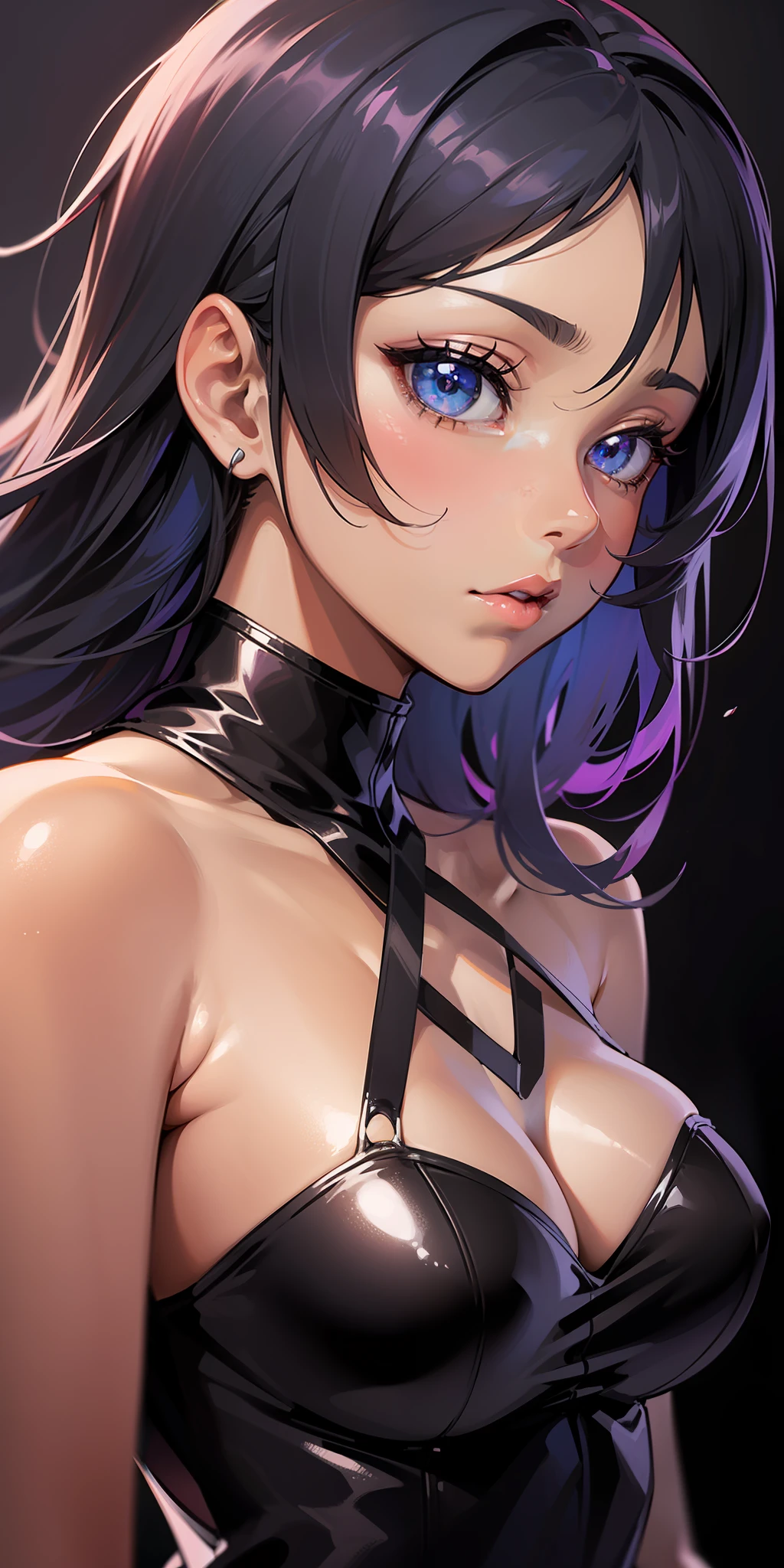 ((masterpiece)), ((best quality)), ((anime profile style)), ((HD 4k)), ((anime character)), girl, dark skin tone, eyes, eyebrow, eyelashes , ear, nose, mouth, lips, giant hair, neck, shoulders, medium breasts, sexy outfit, arms, bad perfect, viewer's view