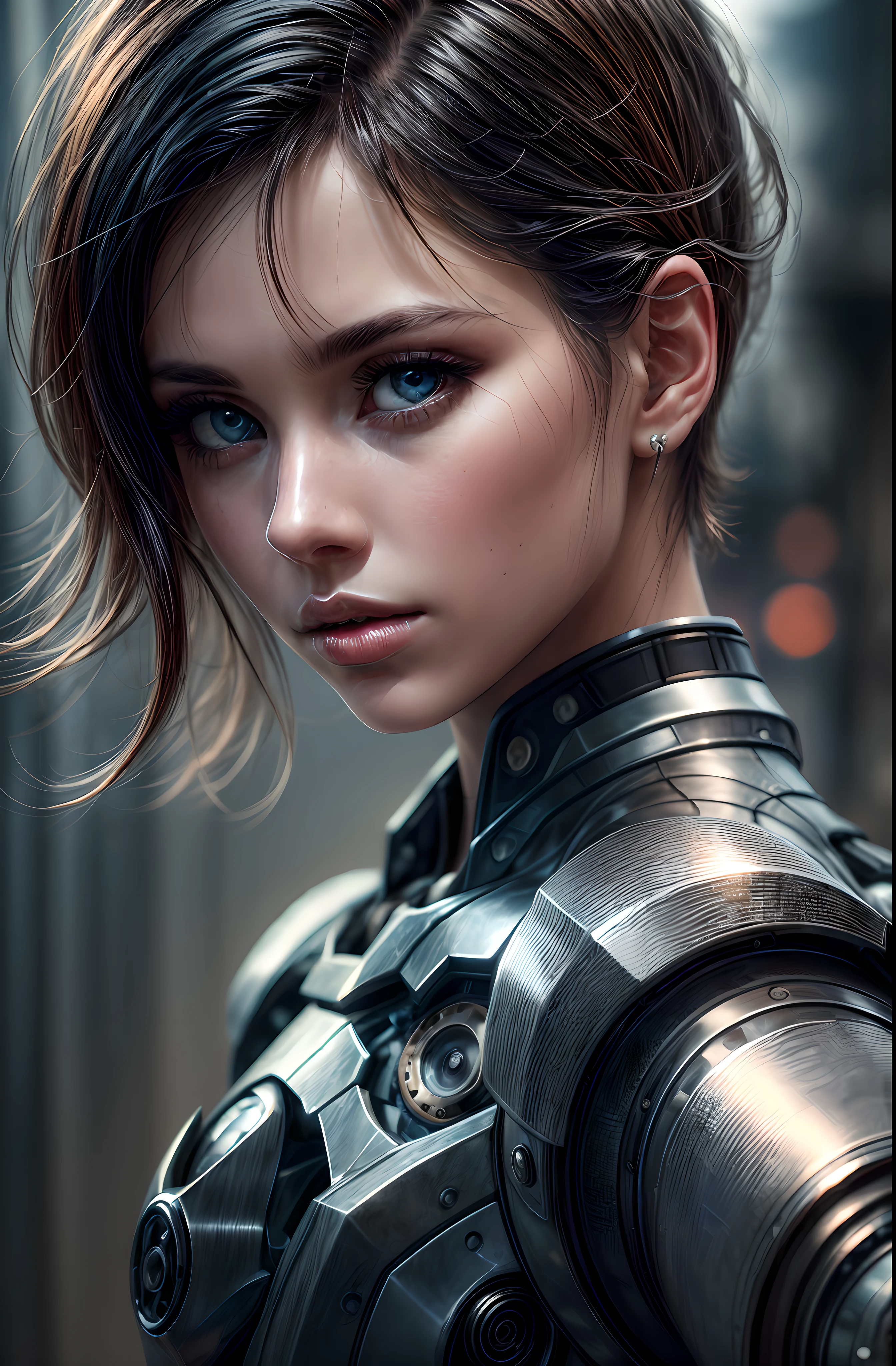 masterpiece, (photorealistic:1.5), realistic, best quality, beautiful lighting, professional lighting, 1girl, black hair, blurry, blue eyes, looking at viewer, solo, parted lips, realistic, short hair, blurry background, lips, depth of field, portrait, film grain, mechanical part, metal arm, metal nose, metal lips