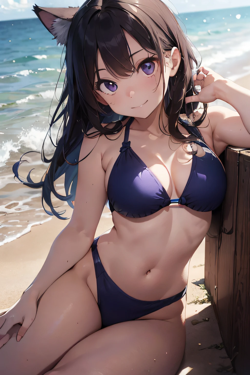 High resolution,
One beautiful cat-eared young woman,
(soft saturation: 1.3), (fair skin: 1.2),
(ultra-detailed background, detailed background), bokeh,
Portrait of smiling girl breaking. When viewed from the front, the composition is symmetrical.
Look straight at you with serious eyes and break
purple swimsuit, purple bikini, middle ,
outdoor, sea surface, sky, sunshine, summer beach, sand,
strong light, front light,
(Teenag, (Cowboy Shot: 1.2), Break
angle from the front,
Look at the viewer,
Dynamic Pose,
Sitting on the beach
Wakame, wakame, wakame, wakame, wakame, wakame, wakame,