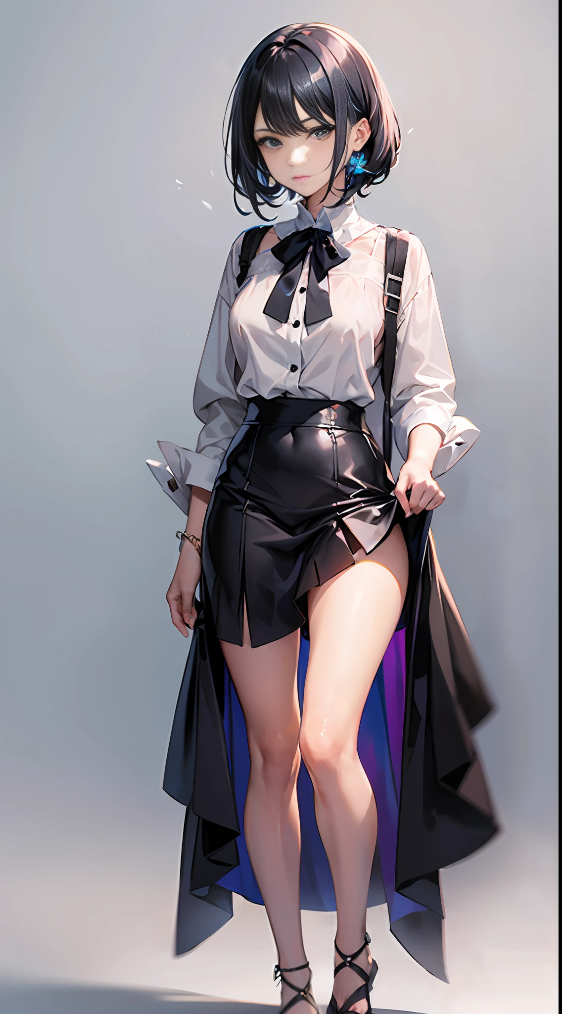 A high-cooled aura royal sister with short black hair, with a delicate face, indifferent expression, wearing a white shirt, black skirt, full body display, beautiful and delicate anime style illustration, wlop, stunning anime face portrait, dark style, pure white background.