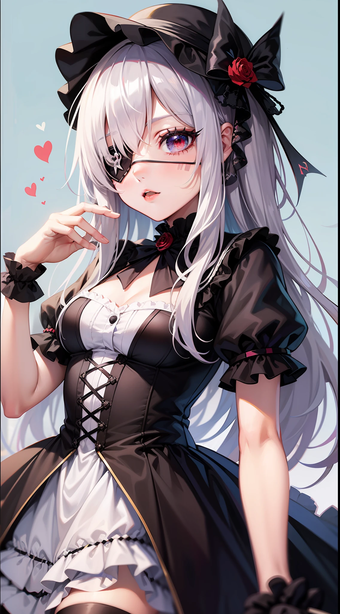 Top Quality, Ultra High Quality, 8K, Super Beautiful, 1girl, Unicorn Color, Eye Patch on Left Eye, Detailed Pupil, Gothic ta, Goth Lolinui, Red Eye,