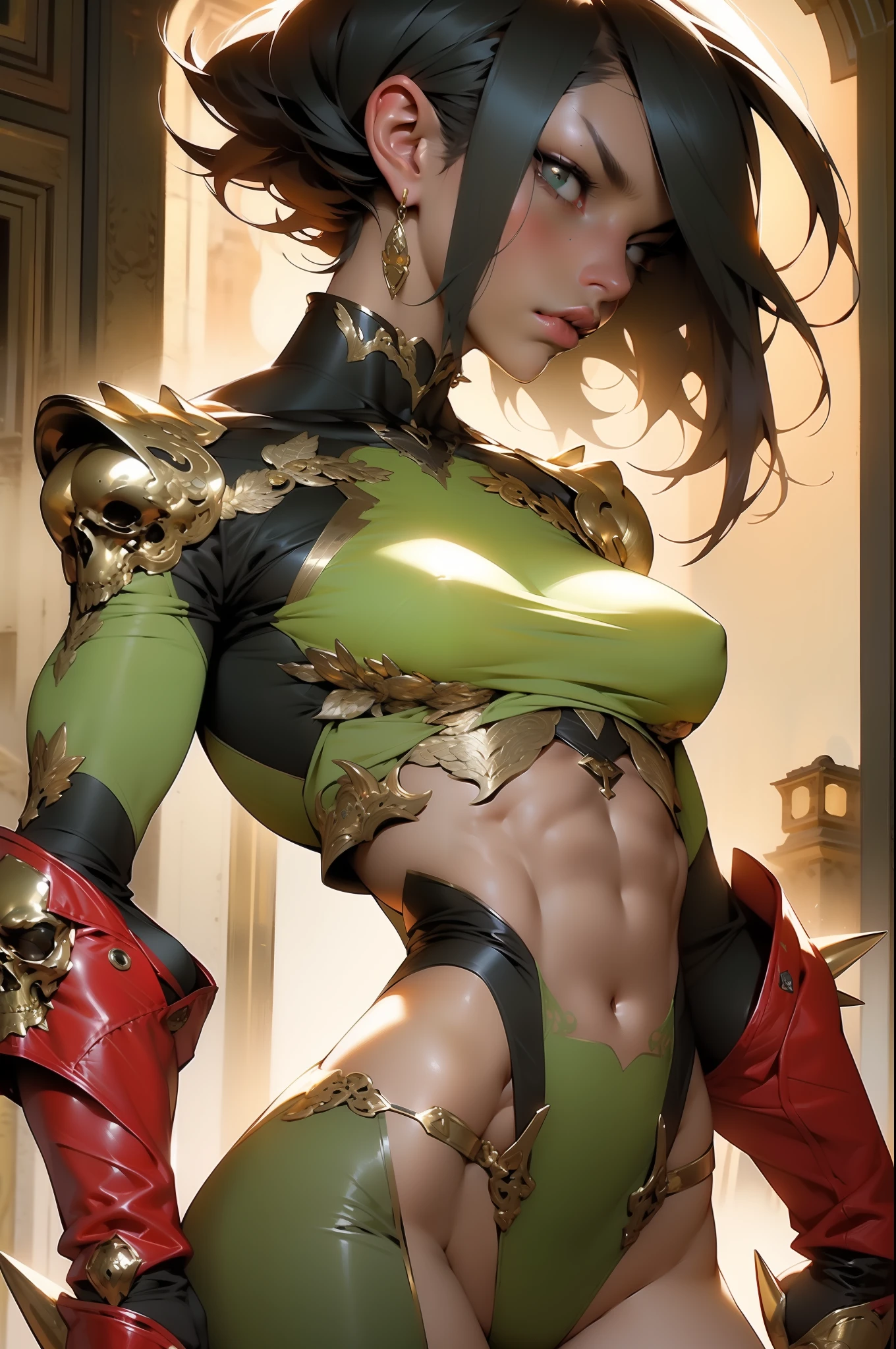 ((Simon Bisley)), ( cowboy shot ), Beautiful full-bodied woman, 30 years old, muscular and perfect body, fierce red-haired warrior, armor full of metallic spikes and golden chains, (( moss green details )), absurd details, absudres, Frank Frazetta, with micro clothes, almost totally naked, with little clothing, golden tiny thong, large breasts, generous neckline, lots of metal in the clothes, fantastic art clothes, Fulfilled or short hair, brave face, dark kingdom, sexy pose, fantastic landscape, adult fantasy, textures in moss green tones