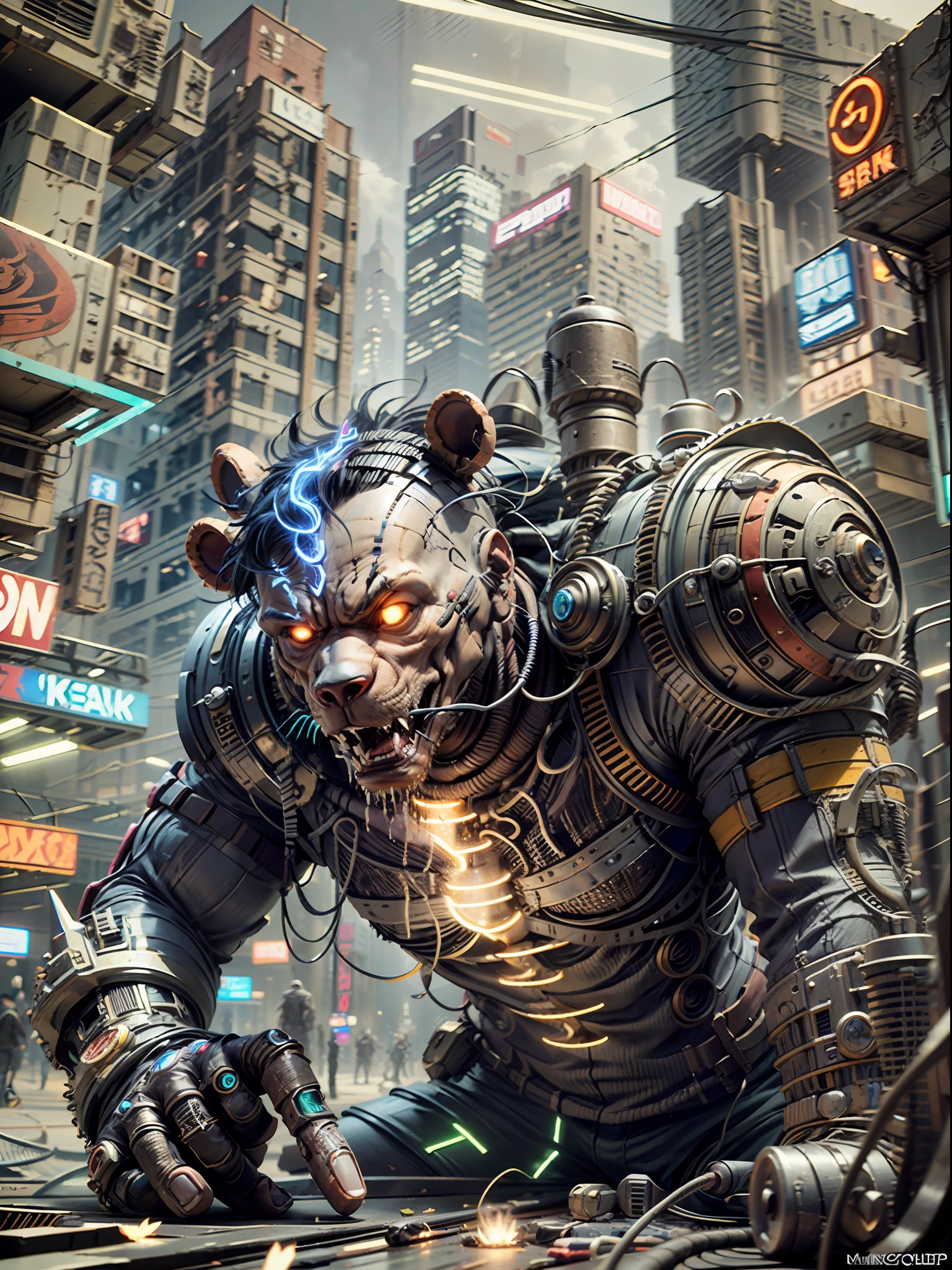 Freddy Fazbear from five night at freddy in cyberpunk style, broken high tech mechanical part, neon led light run along its body, cyberpunk horror machine, open mouth, scary, torn cable, broken horror cyberpunk machine bear, BREAK spark of fire on some of its parts, as if is about to explode, cyberpunk FNAF, fnfa, in a position of chasing someone, pov, from front, collapsed cyberpunk entertaining mall background, horror game style, dark theme, sharp mechanical claw, cyberpunk mechanical parts, (futuristic mechanical arm and legs with neon light detail),BREAK,Detailed,Realistic,4k highly detailed digital art,octane render, bioluminescent, BREAK 8K resolution concept art, realism,by Mappa studios,masterpiece,best quality,official art,illustration,ligne claire,(cool_color),perfect composition,absurdres, focused