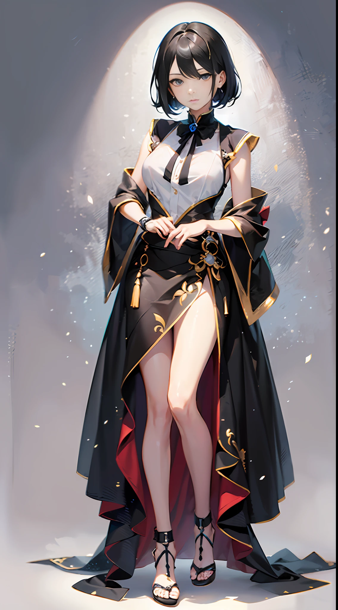 A high-cooled aura royal sister with short black hair, delicate face, indifferent expression, wearing a white shirt, black skirt, full body display, beautiful and delicate anime style illustration, wlop, stunning anime face portrait, dark style, pure white background, high detail drawing.