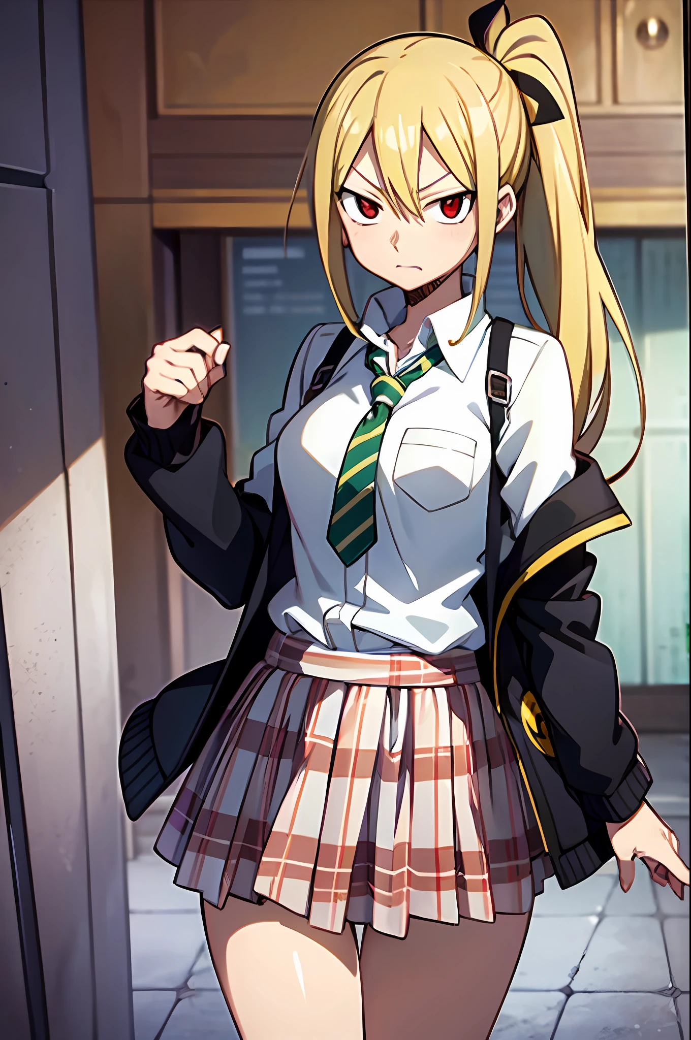 curious face, girl attire, white blouse with yellow jacket, green striped tie, red plaid skirt, red eyes and ashy hair in a twin ponytail, (style of soul eater and fairy tail anime), (illustrated by Hiro Mashima and Atsushi Ohkubo), (style mixing), Lucy Heartfilia, Maka Albarn