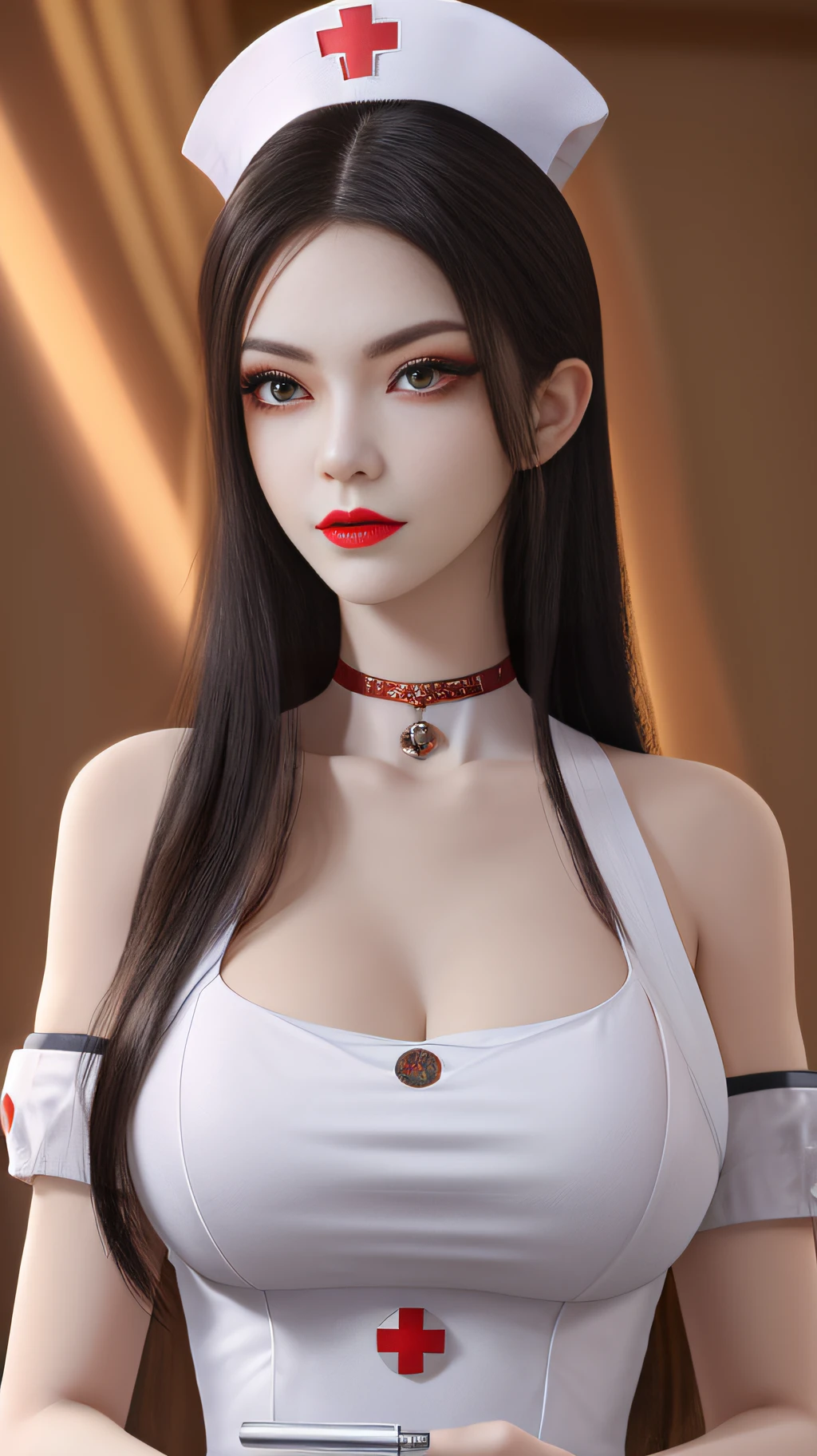 A beautiful queen, dressed in a white nurse's outfit, in the hospital, holding a syringe, pen, medical record sheet, beautiful face, long hair, wearing a nurse's hat, mysterious neck and hair jewelry, light red iris, big round eyes, thin and sharp eyebrows, every detail details meticulous and sharp eyelashes, red lipstick petite lips, slender shoulders, (Big breasts: 1.2) Plump breasts, large, round and regular breasts, slender waist, RAW photos, detailed photos, photos of the highest quality, 8k queen upper body,