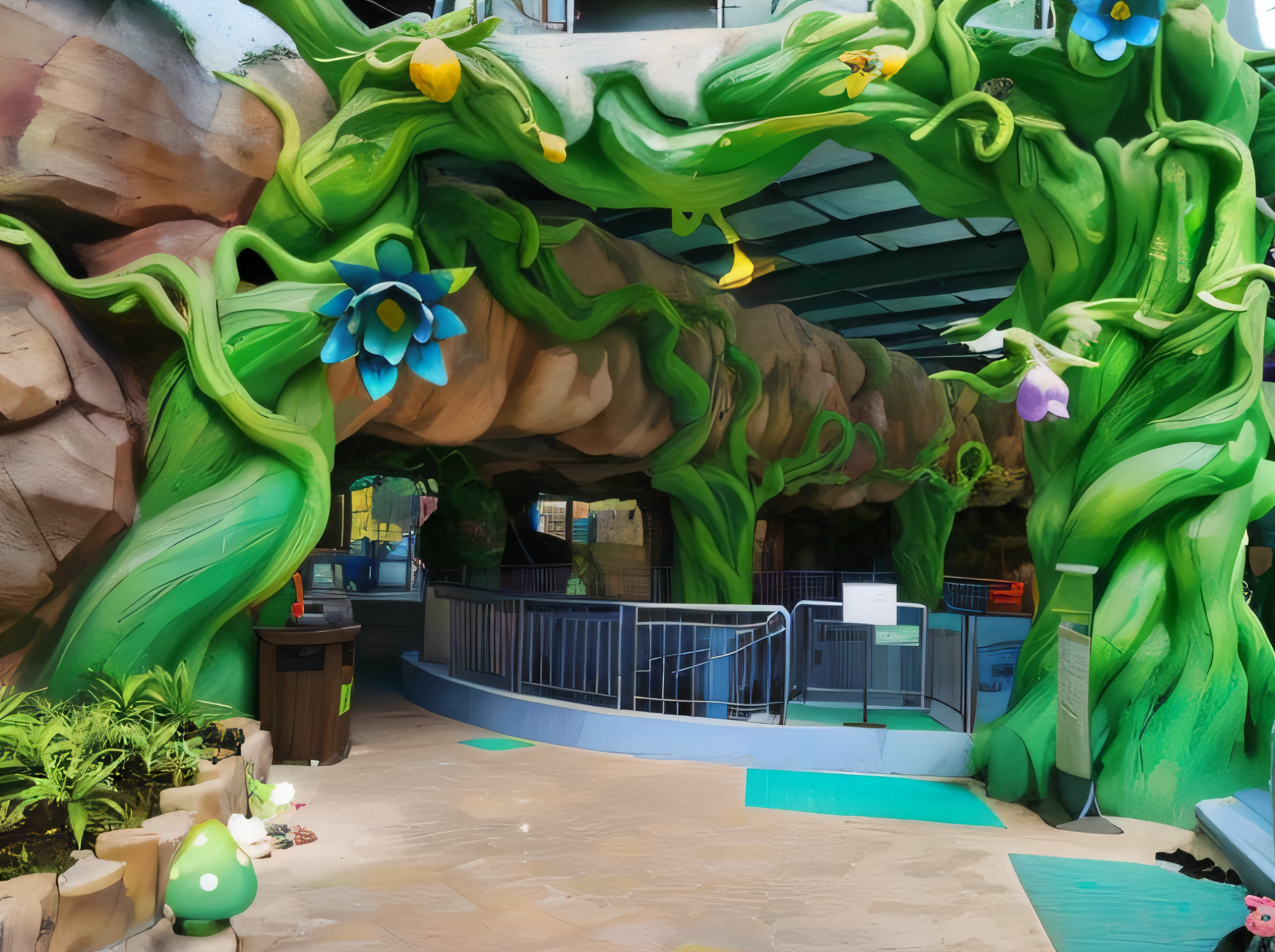 there is a large green and blue flower archway in a building, amusement park interior design, photograph of enchanted garden, inside the wishing well cavern, pandora jungle, alien forest in background, fairyland bridge, magical area, enchanted magical fantasy forest, the jungle at the background, jungle setting, flying trees and park items, inside an alien jungle, amusement park buildings --auto