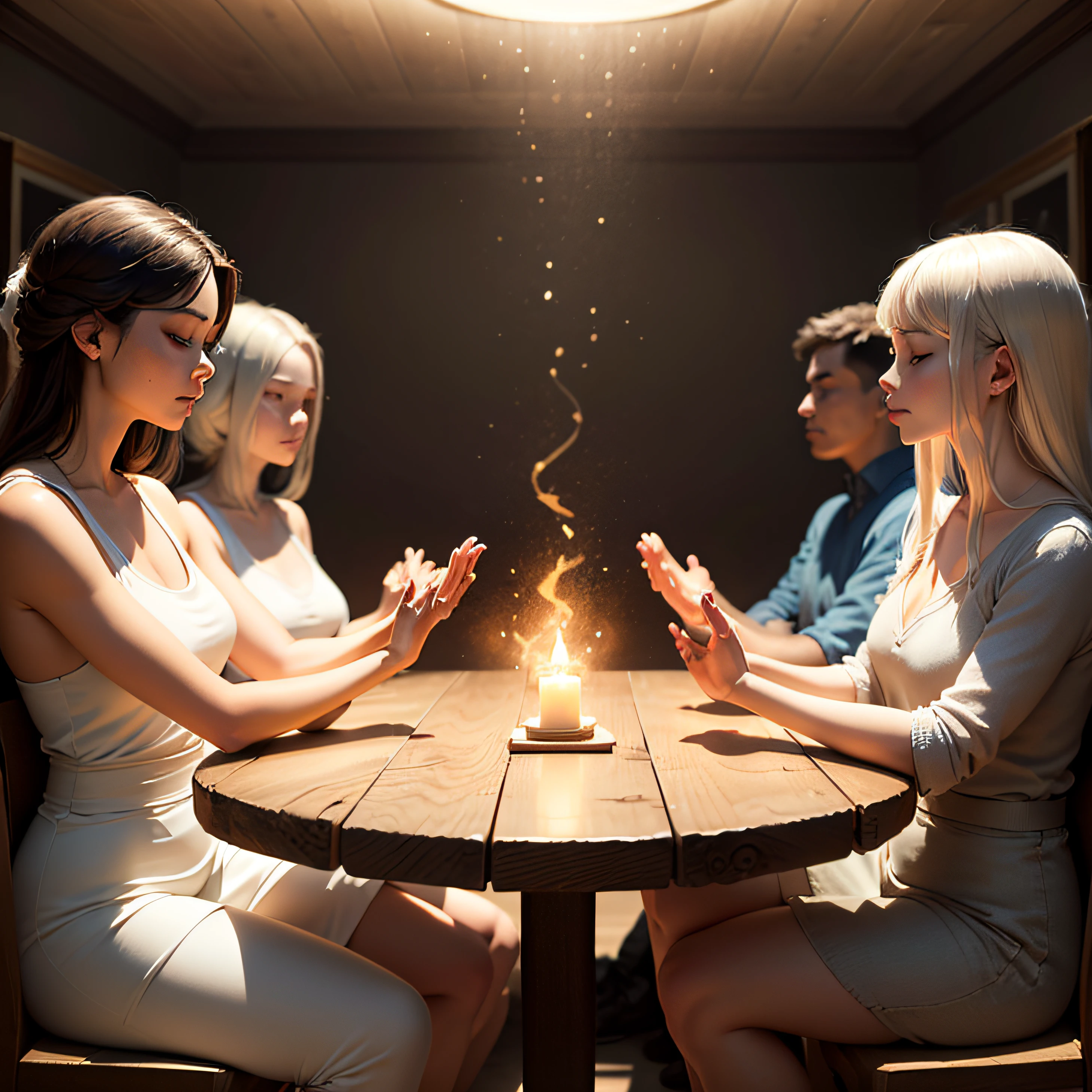 The scene is set in a quiet, bright room in Paris. A sturdy wooden table is the center of attention, where several men are seated around it.
The men meet in a spiritual session, with their hands on the table in a gesture of concentration. They have serene, focused expressions with their eyes closed.
Above the table, one perceives the presence of the spirits, represented as soft figures, with a soft aura around them. They are wrapped in a calming and loving energy.
Communication between people and spirits is symbolized by lines of energy or rays of light that extend from the spirits into the hands of the people sitting at the table. These energy lines represent the spiritual connection and exchange of information between both sides. --auto