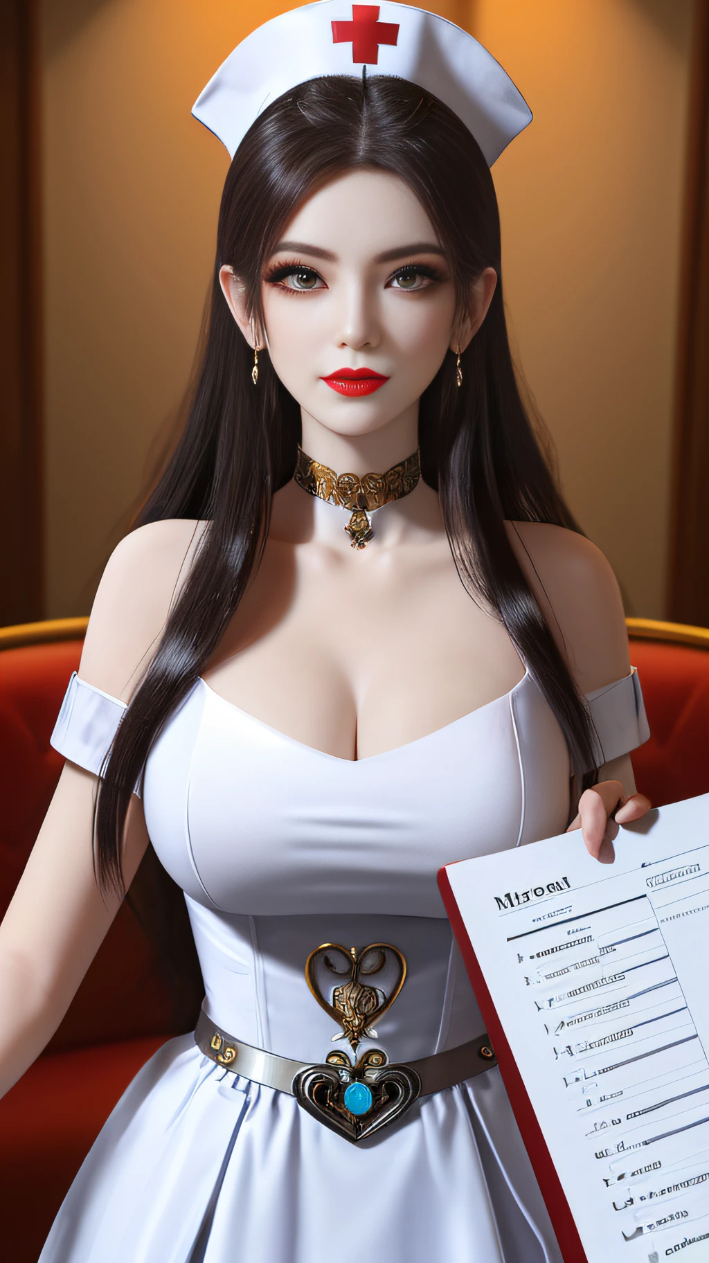 A beautiful queen, dressed in a white nurse's outfit, in the hospital, holding a syringe, pen, medical record sheet, beautiful face, long hair, wearing a nurse's hat, mysterious neck and hair jewelry, light red iris, big round eyes, thin and sharp eyebrows, every detail details meticulous and sharp eyelashes, red lipstick petite lips, slender shoulders, (Big breasts: 1.2) Plump breasts, large, round and regular breasts, slender waist, RAW photos, detailed photos, photos of the highest quality, 8k queen upper body,