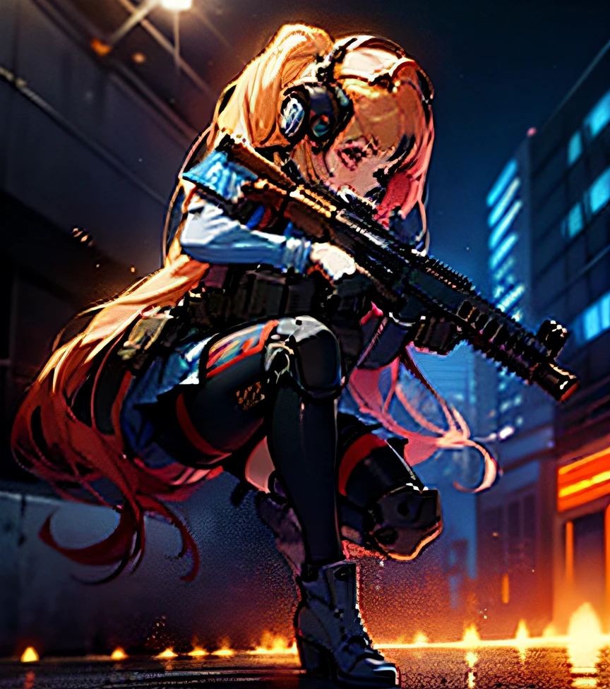 A woman in a sailor's outfit holding a rifle in a city, M4 Sopmod II Girls Frontline, Girls World War II, Infantry Girl, Sailor Soldier Girl, Anime Machine Gun Fire, Soldier Girl, IG Studios Anime Style, Girls honkai impact Universe, Girls honkai impact CG, Girls honkai impact, Anime Style 4K, Armed, Fine Details. Frontline girls