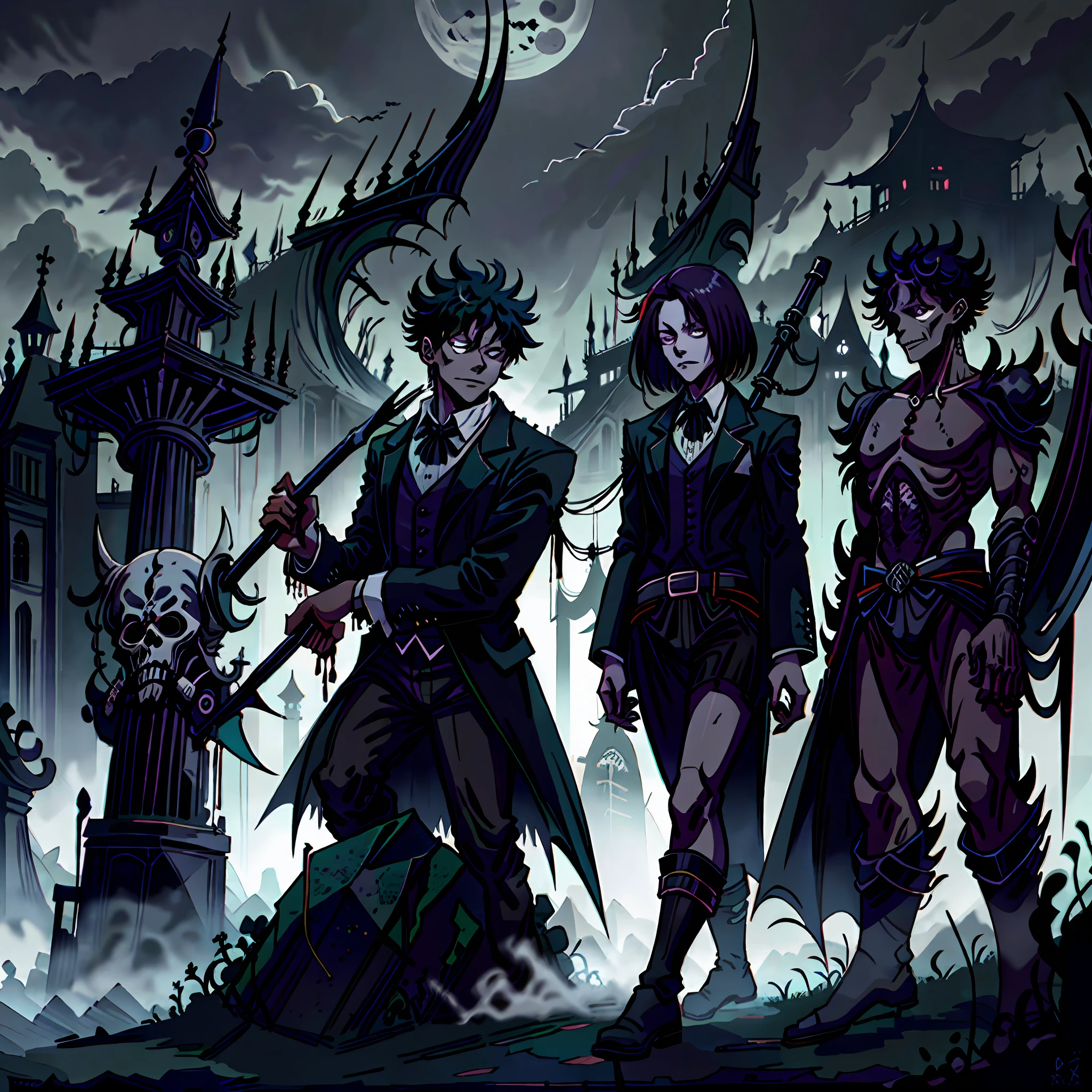 Izuku Midoriya as the grim reaper wearing plague doctor's clothes wielding a scythe on a cementary under the crimson moonlight