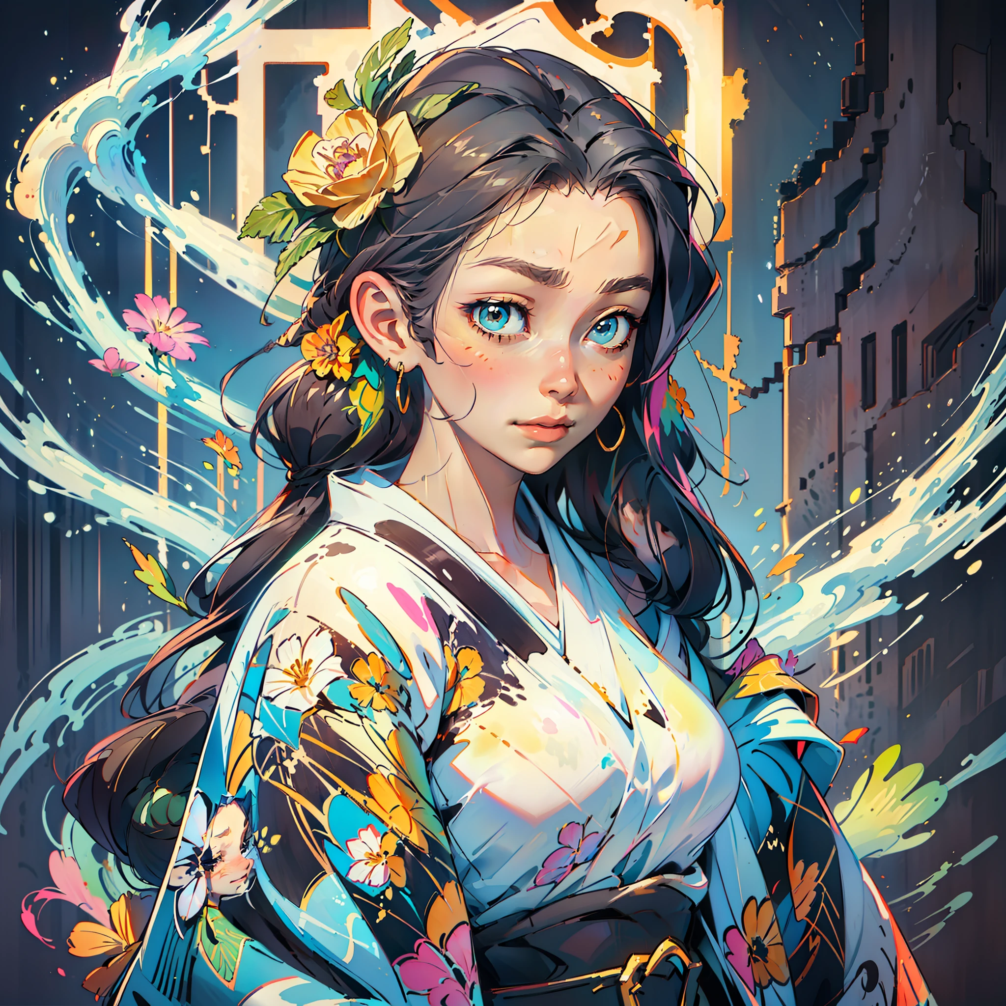 In the center of the image a very beautiful Japanese woman painted in oil in an ultra-realistic way, around her thick brush strokes of expressionist style painting. A mixture of styles that flow beautifully in the image. At the edges of the image precious flowers form a beautiful marker.