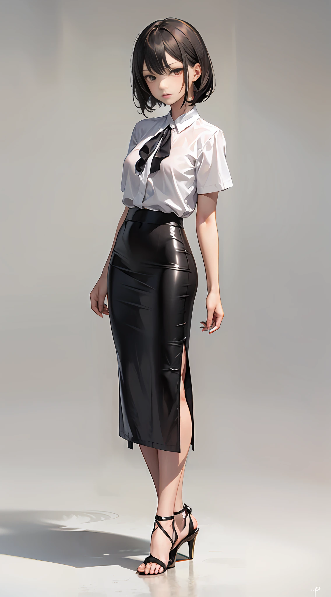 A high-cooled aura royal sister with short black hair, with a delicate face, indifferent expression, wearing a white shirt, black skirt, full body display, beautiful and delicate anime style illustration, wlop, stunning anime face portrait, dark style, pure white background.