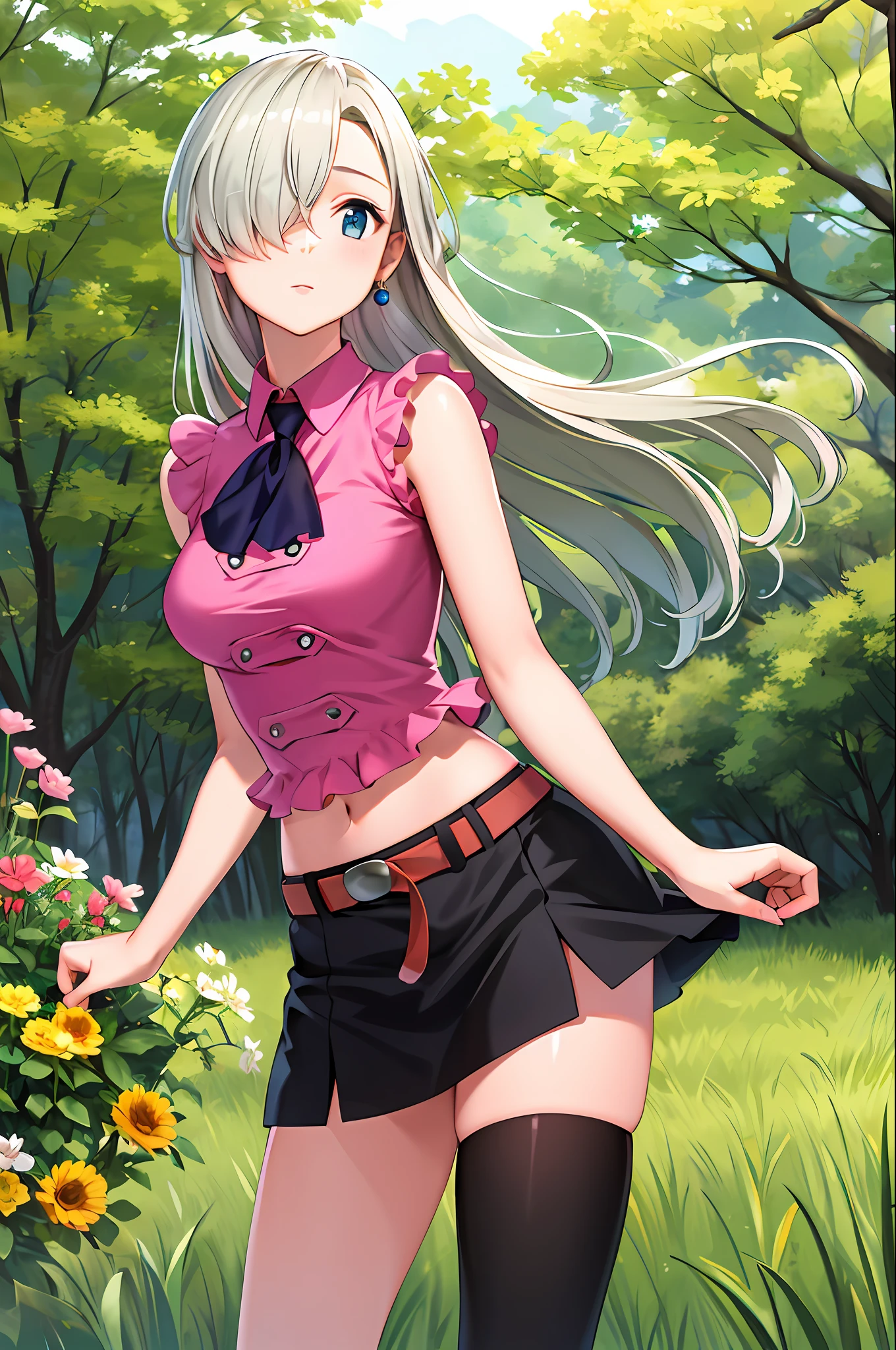 masterpiece, best quality, highres, hmeliza, 1girl, hair over one eye, jewelry, single thighhigh, , midriff, black skirt, asymmetrical legwear, pink shirt, black thighhighs, belt, miniskirt, standing, cowboy shot, outdoors, filed, flower