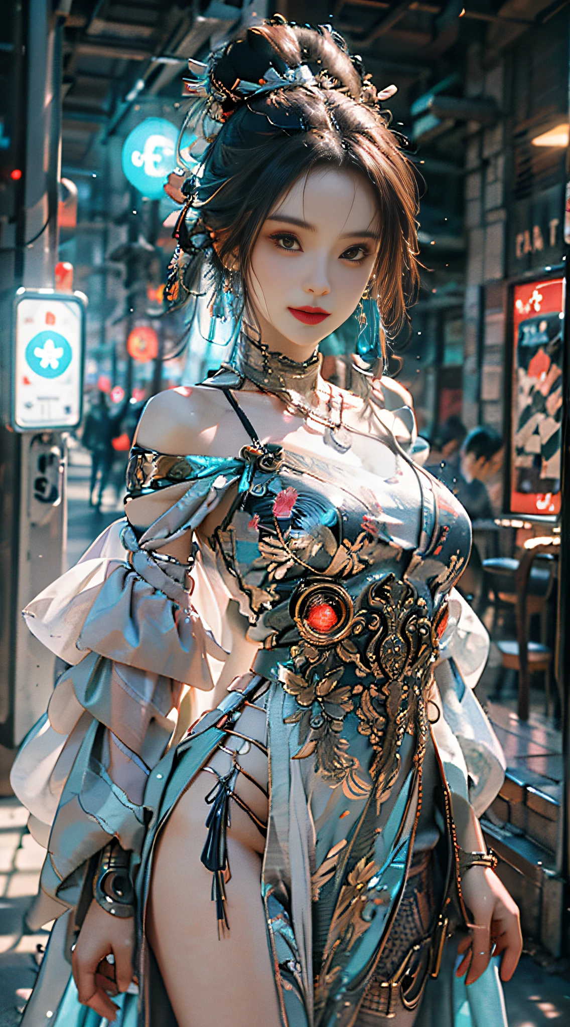 A girl wearing a gorgeous cyan hanfu, headdress + waist + earrings + necklace, standing in the center of the picture, bare shoulders, one hand for cyberpunk luminescent mechanical prosthesis, light smile, delicate pupil details, background with cyberpunk colorful glowing rings, futurism, concept art, chiaroscuro, reflected light, blending, character diagram, first-person perspective, panorama, fisheye, caustic, ultra hd, masterpiece, textured skin, super detail, high detail, high quality, high resolution, 8K.