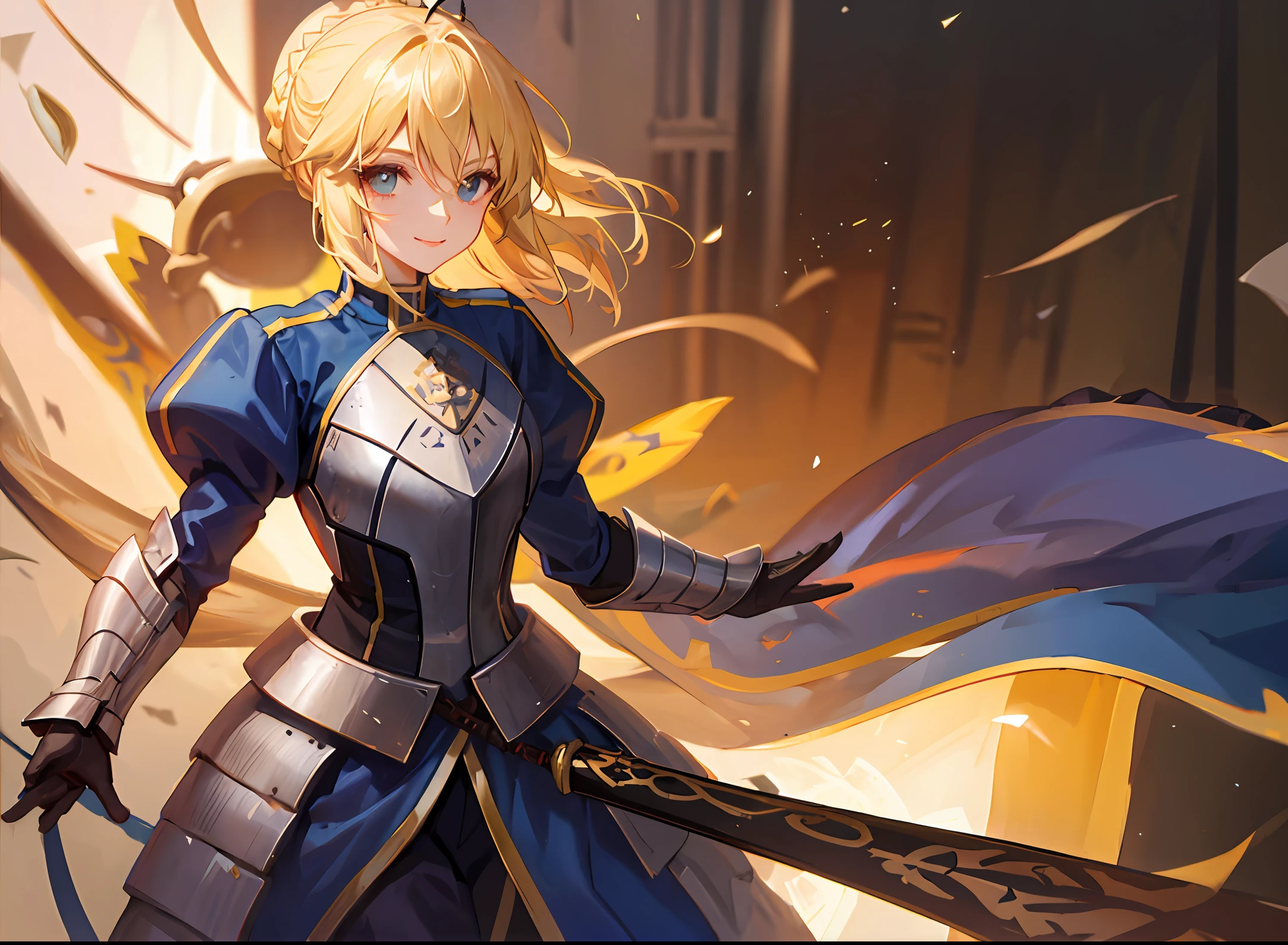 Artoria Pendragon, Sword of Covenant Victory, Blonde, Armor, Long Night of Destiny, Anime, Single, Beauty, Smile, Short Hair
