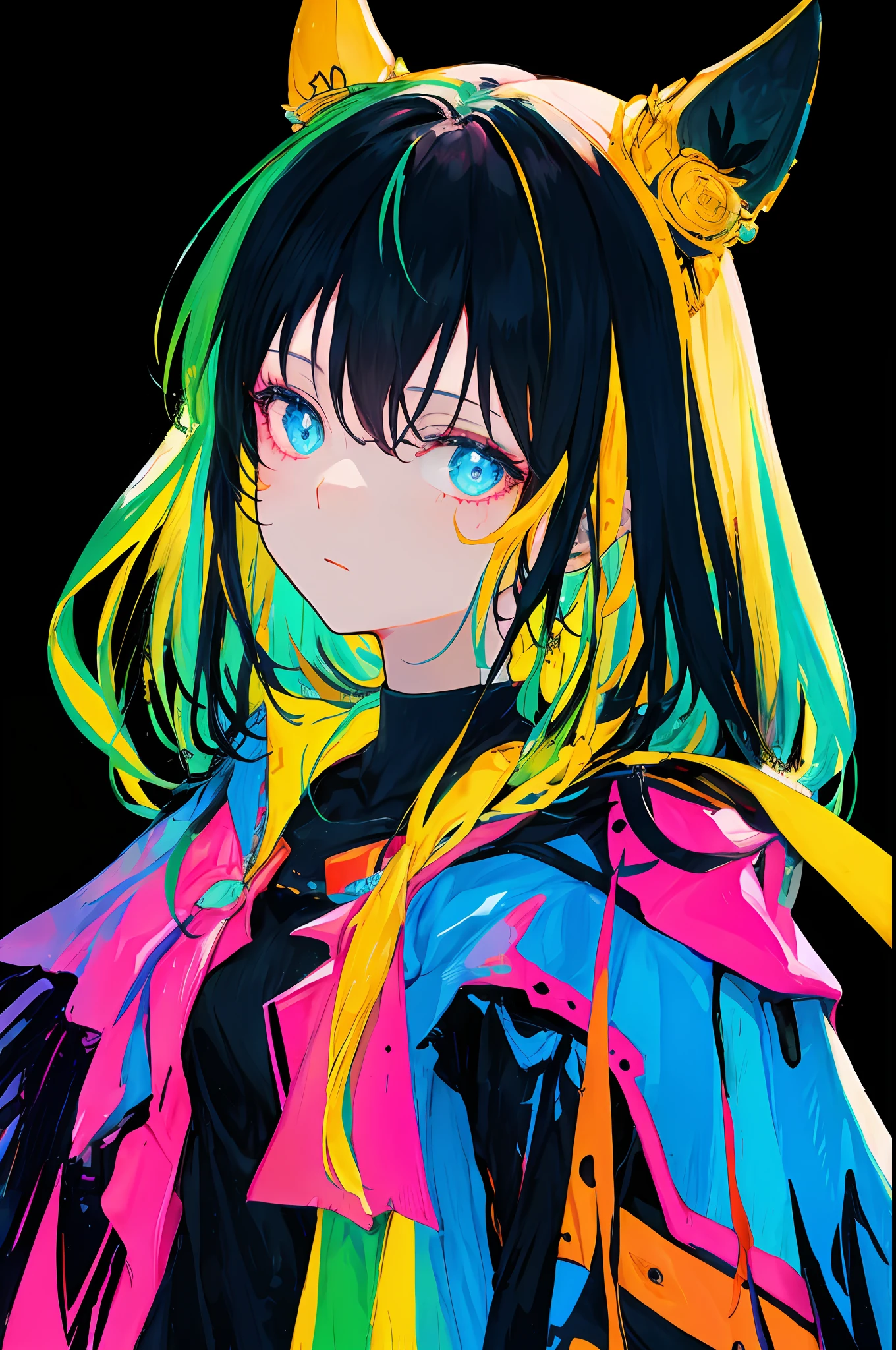 Multicolored, 1girl, night, dark, black hair, looking at the audience, upper body, facing the audience, limited color palette, black background, glowing background, brilliant background, light effects