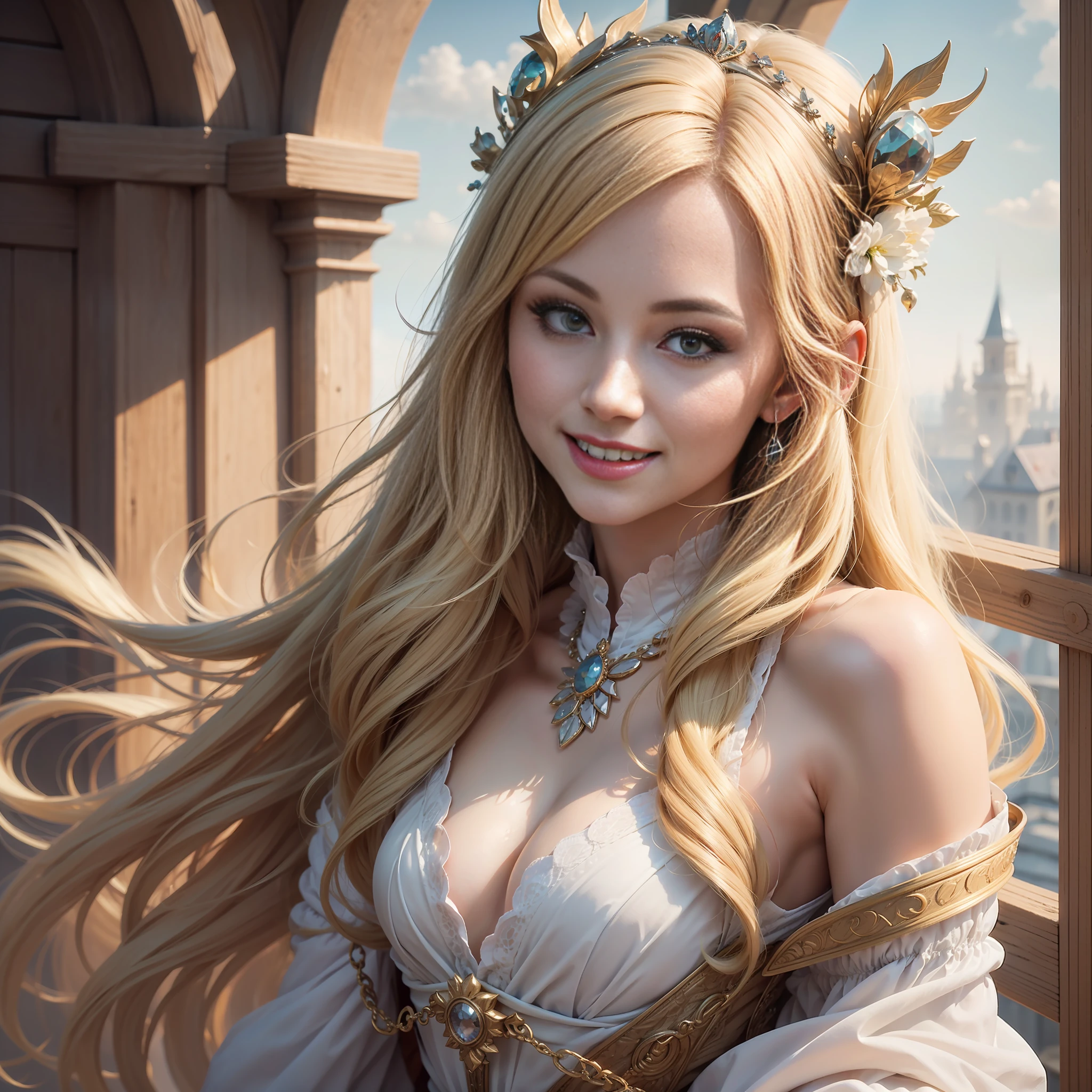 ((Best Quality, 8K, Masterpiece), (Blonde Princess: 1.1), White Queen, Smile,