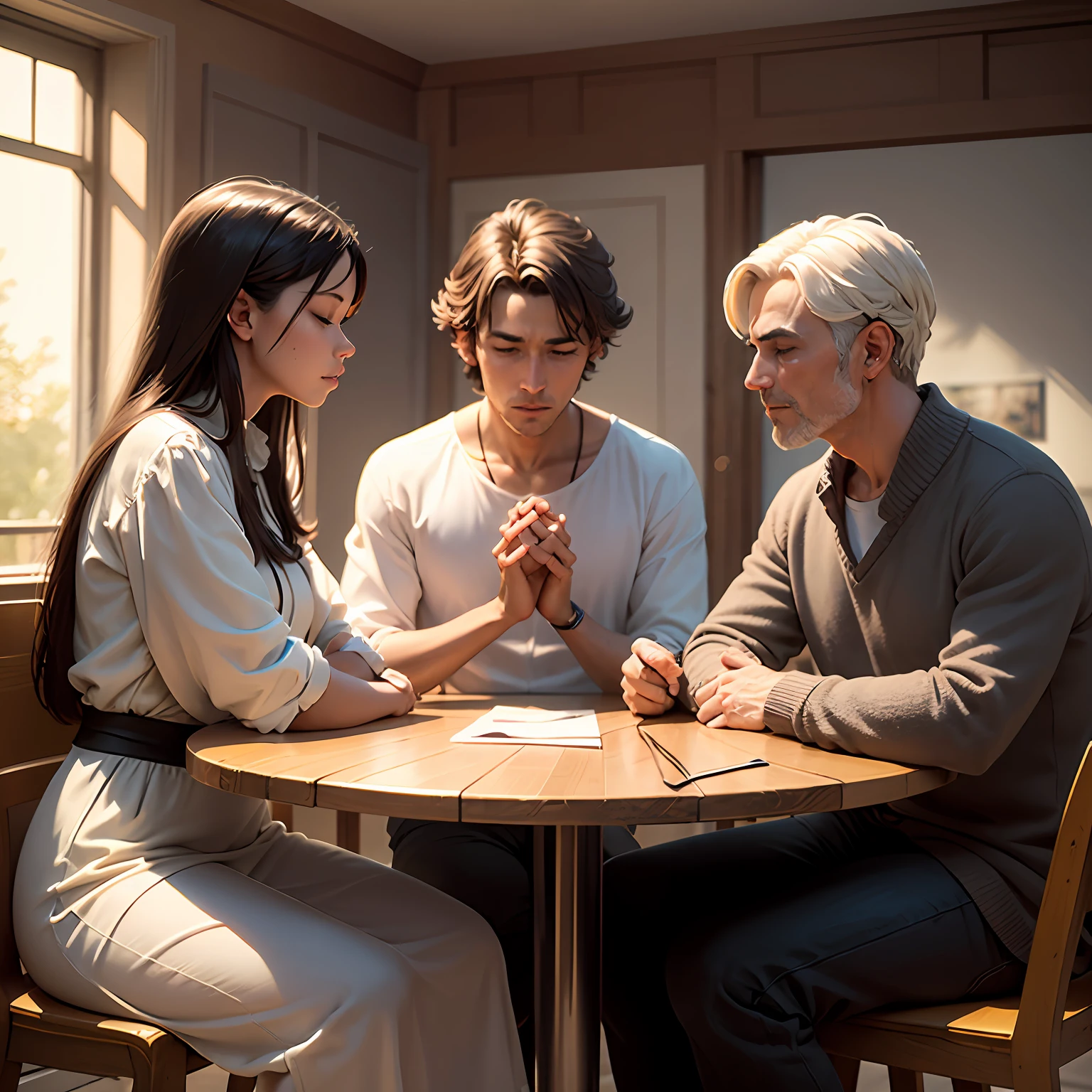 The scene is set in a quiet, bright room in Paris. A sturdy wooden table is the center of attention, where several men are seated around it. 

The men meet in a spiritual session, with their hands on the table in a gesture of concentration. They have serene, focused expressions with their eyes closed.

Above the table, one perceives the presence of the spirits, represented as soft figures, with a soft aura around them. They are wrapped in a calming and loving energy.

Communication between people and spirits is symbolized by lines of energy or rays of light that extend from the spirits into the hands of the people sitting at the table. These energy lines represent the spiritual connection and exchange of information between both sides. --auto