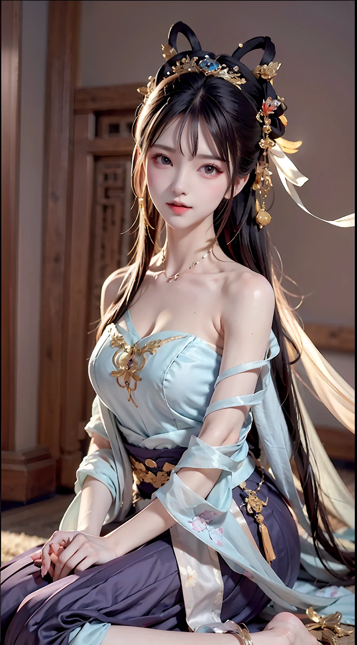 Bust photo, a beautiful woman, messy hair, girly, symmetrical bun, hair accessories, jewelry, delicate face, eye shadow, purple top, purple, purple, crop navel, purple long skirt, Dunhuang style, delicate embroidery, silver decoration, silver streamer, white streamer, light blue streamer, delicate skin, soft light effect, delicate and smooth hair, delicate details, eye highlights, fair skin, fine portrayal, extreme details, cinematic quality, thin, slender, broken, hair details, thin bangs, shawl hair, right body, shadow, air bangs, 8K, super detailed, fine fabric texture, soft, smooth, smooth texture, Dunhuang style, delicate pattern, correct hand painting, anatomy correct, accurate, night, dark night, lighting, Tyndall effect, ray tracing, HUD, outdoor, outdoor, desert physically based rendering, beautiful studio soft light, CG, wallpaper, very detailed, ( ore details: 1.3), 1girl, perfect face, perfect eyes, young, long eyelashes, pursed lips, (long hair: 1.3), pursed lips, (full body: 1.5), long hair, big eyes, lying down, tilted head, hair accessories, casual posture, smile, ((Hanfu, Ming style): 1.5), sitting posture, flower field, cherry blossoms,