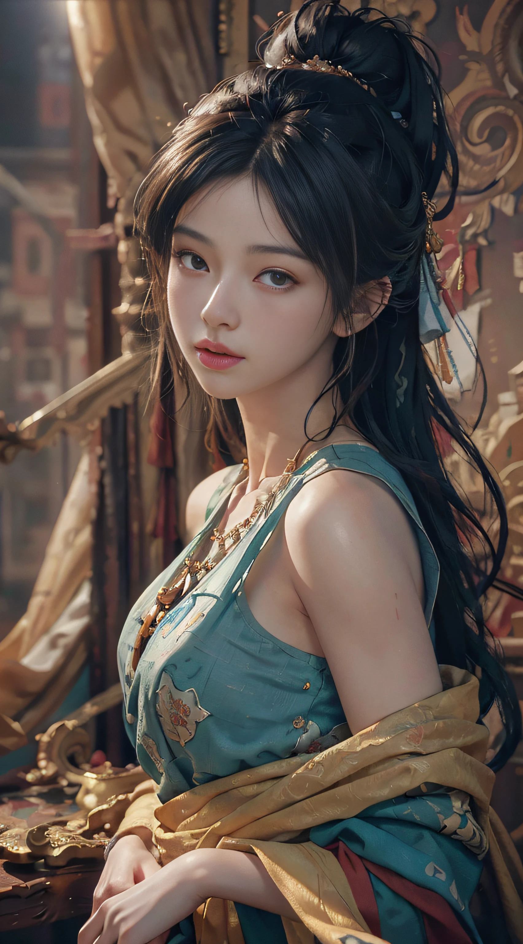 (RAW photo, best quality), (realistic, photo-realistic:1.3),best quality,highly detailed,masterpiece,ultra-detailed,illustration,1girl,upper_body,dynamic angle,world masterpiece theater,messy_long_hair,best quality,extremely detailed CG unity 8k wallpaper,ink,Amazing,cinematic lighting,lens_flare, dunhuang_style