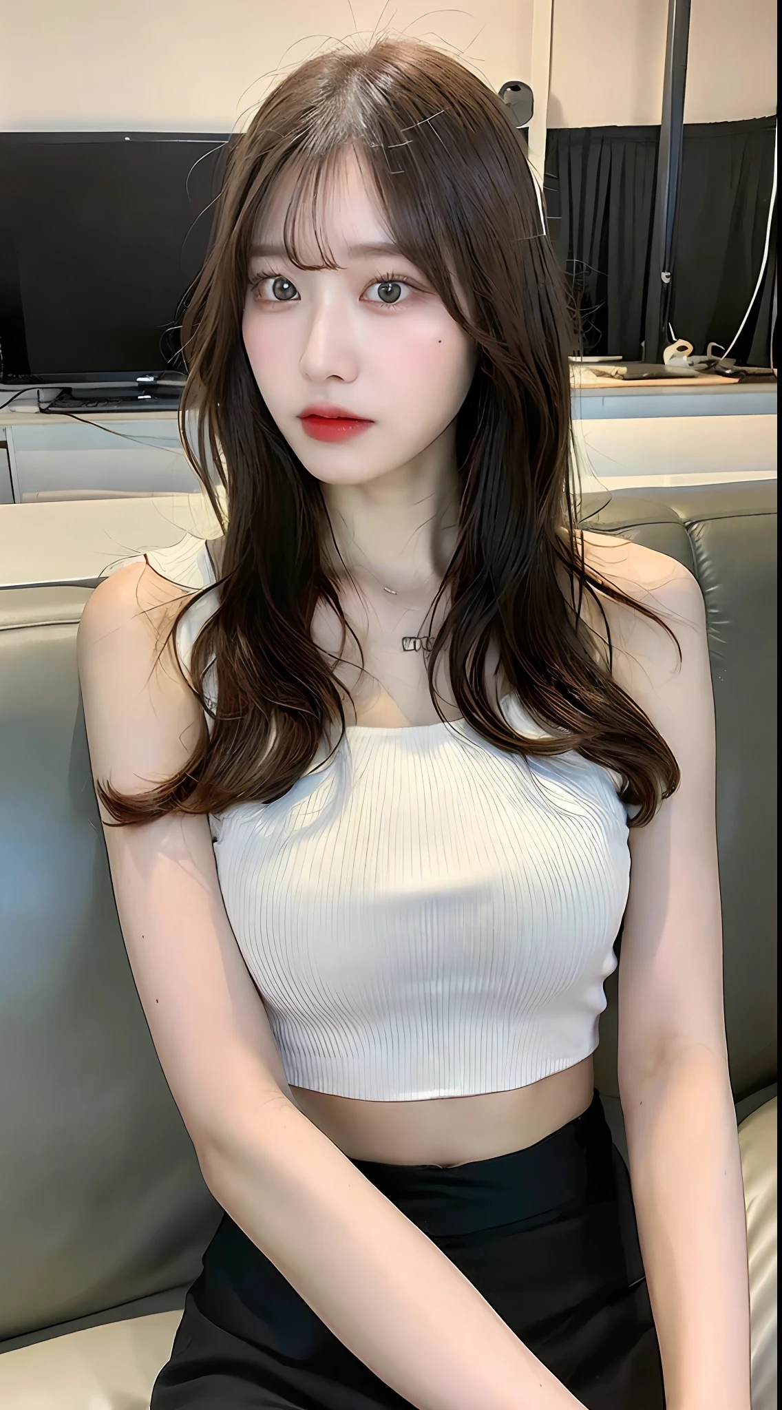 ((Best quality, 8k, Masterpiece :1.3)), pretty woman, 1girl, huge breasts :1.3, (firm abs, slender figure :1.1), lustful, dark brown hair, (sitting on couch, crossed legs, skirt :1.1), ultra-detailed face, detailed lips, detailed eyes, double eyelid