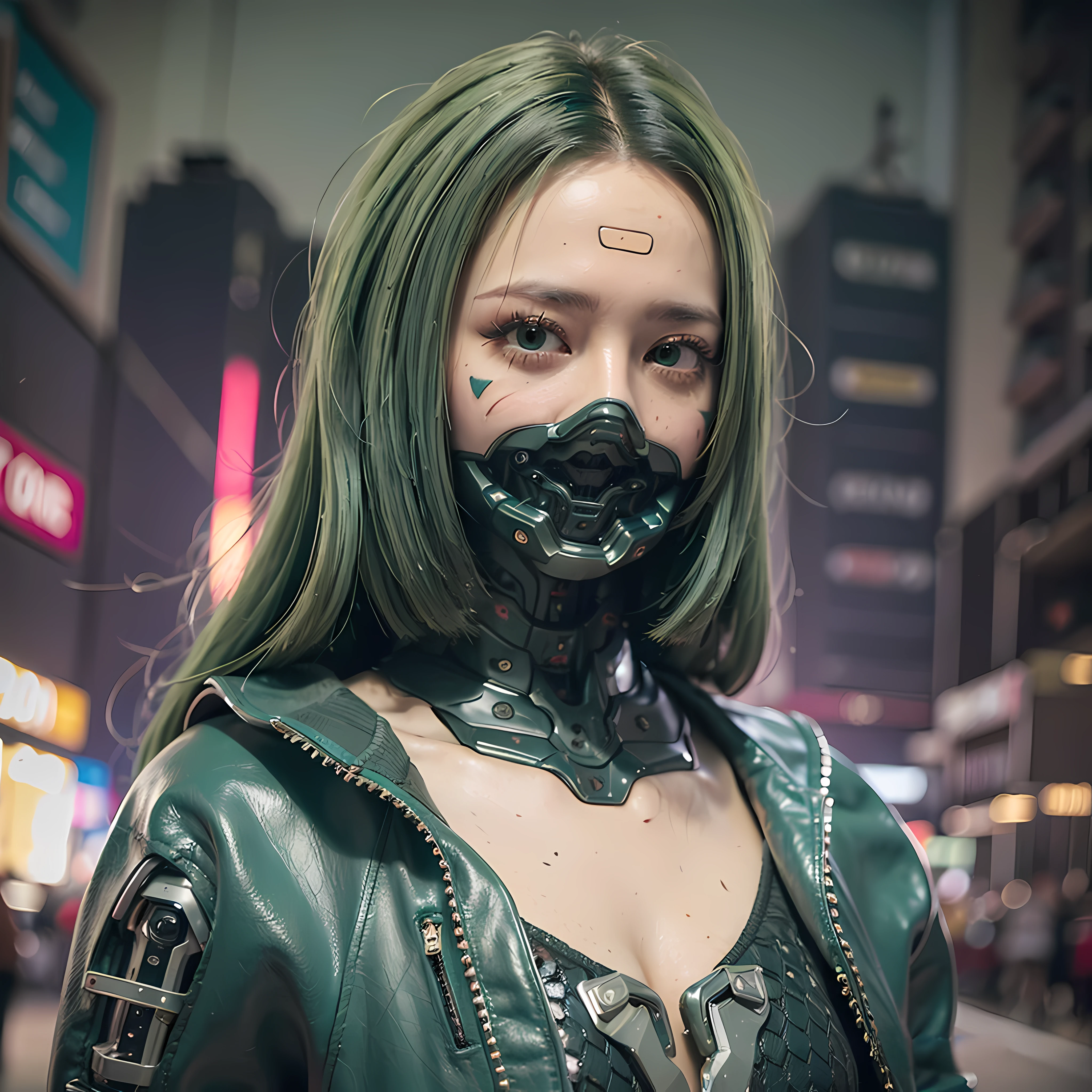 araffe woman with green hair and a mask on in a city, hyper-realistic cyberpunk style, in cyberpunk style, cyberpunk style , hyperrealistic, has cyberpunk style, beautiful cyberpunk girl face, cyberpunk look, beautiful cyberpunk woman model, muted cyberpunk style, cyberpunk face, cyberpunk style color, cyberpunk photo, cyberpunk style, style of cyberpunk