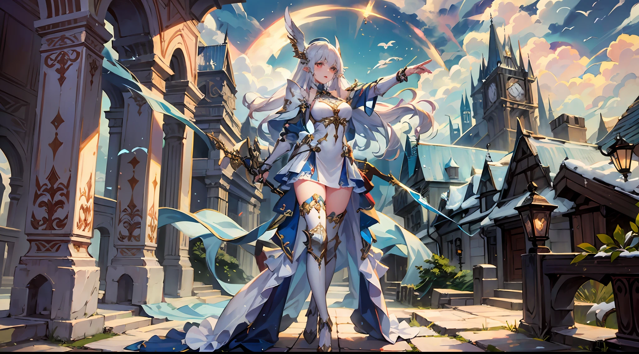 ((4K, masterpiece, best quality)), maxiskit, dressed conservative 1 girl, solo, full body, wide shot, standing, holding sword, white hair, long hair, elf ears, Valkyrie, armor, angel, white bra, side bangs, from the front, oversized body, night, mountain, look at the audience, an antique girl behind is a white dragon {(super high face detail, super high hand detail)}